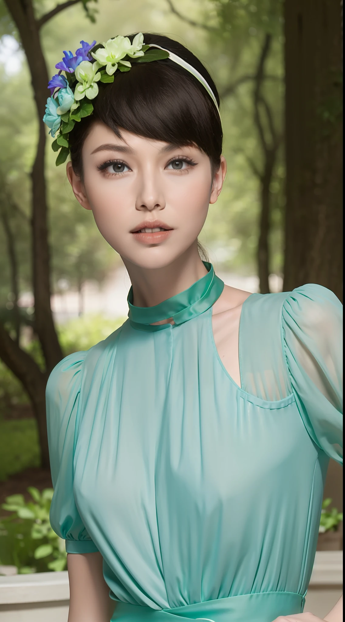 Fashion model 20 years old [[[[closeup cleavage]]]], [[[[boobgasm]]]], [[[[coll]]]], [[[[bshoulders]]]], perfect  eyes, Perfect iris，Perfect lips，perfect teeth，Perfect skin，Long face，slender nose，with fair skin，Soft front light，hdr，Movie girl，Casual，The background is outdoor，Green trees and flowers，（pastel colour：1.2）