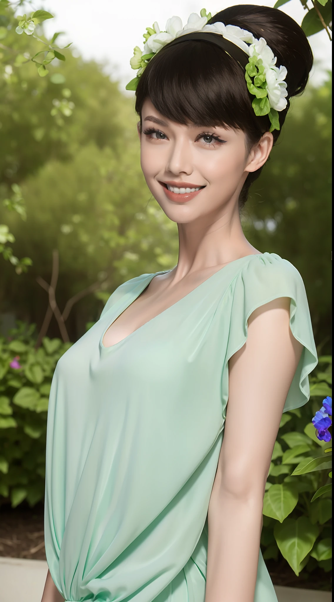Fashion model 20 years old [[[[closeup cleavage]]]], [[[[boobgasm]]]], [[[[coll]]]], [[[[bshoulders]]]], perfect  eyes, Perfect iris，Perfect lips，perfect teeth，Perfect skin，Long face，slender nose，with fair skin，Soft front light，hdr，Movie girl，Casual，The background is outdoor，Green trees and flowers，（pastel colour：1.2）
