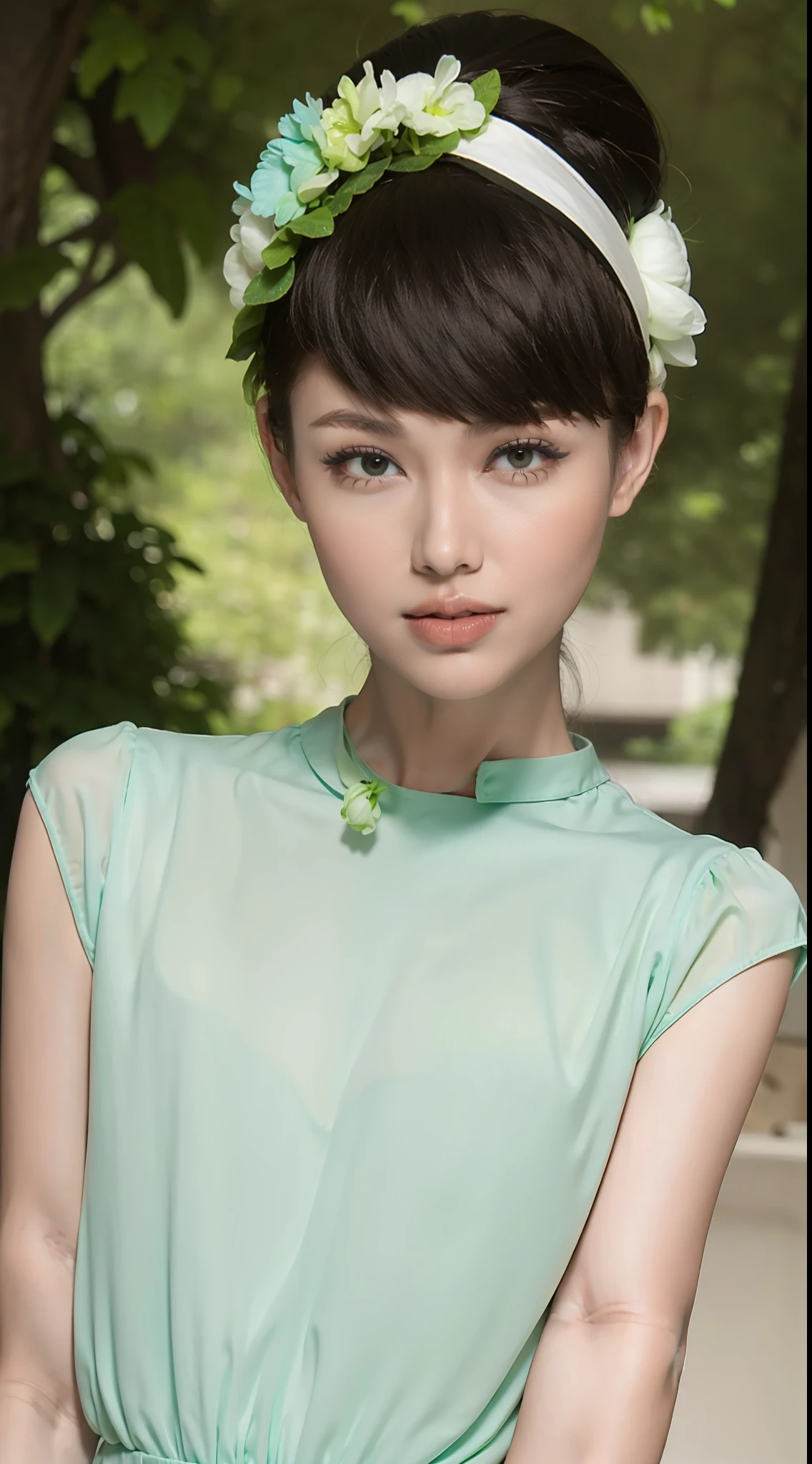 Fashion model 20 years old [[[[closeup cleavage]]]], [[[[boobgasm]]]], [[[[coll]]]], [[[[bshoulders]]]], perfect  eyes, Perfect iris，Perfect lips，perfect teeth，Perfect skin，Long face，slender nose，with fair skin，Soft front light，hdr，Movie girl，Casual，The background is outdoor，Green trees and flowers，（pastel colour：1.2）