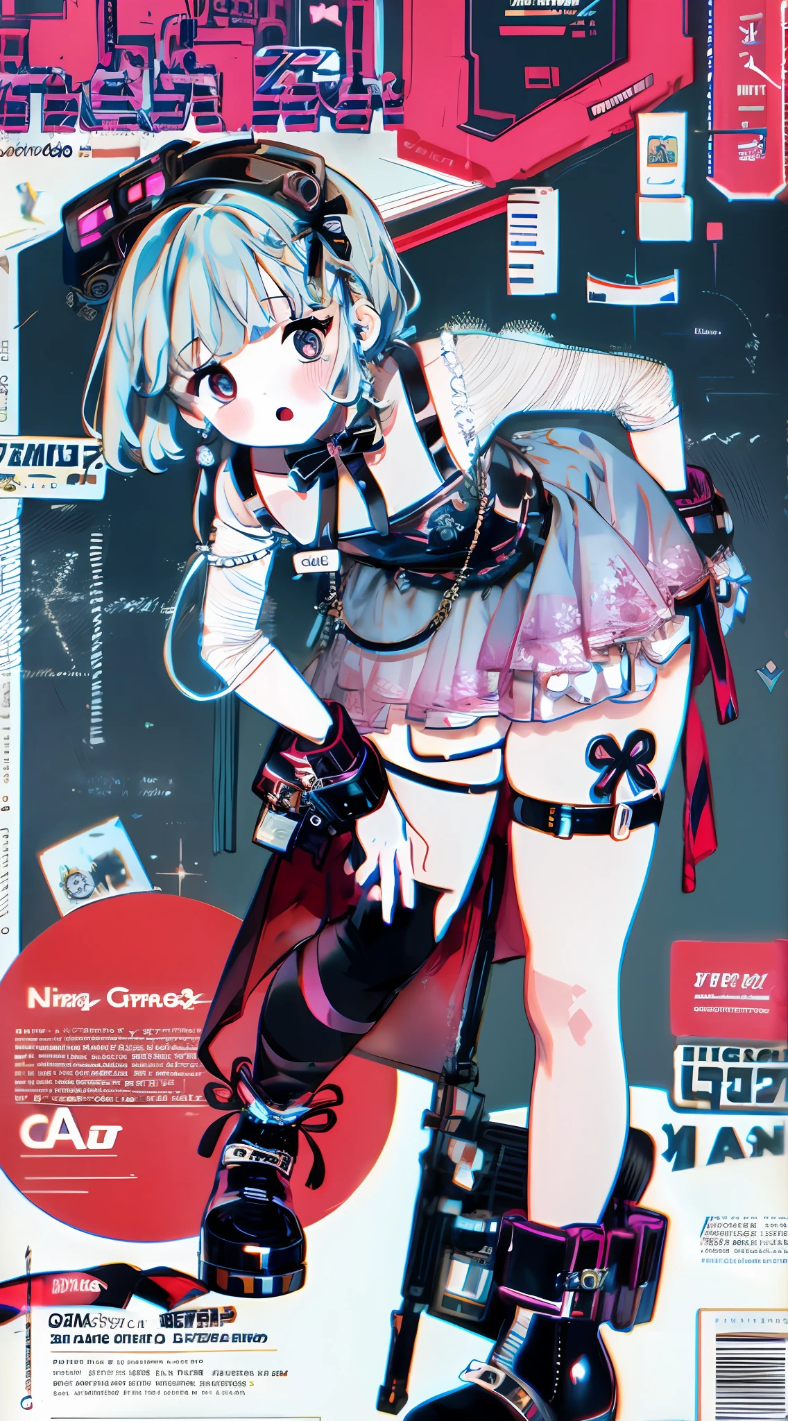 MagazineCover,poster for,offcial art,1girll,Personal illustrator,leg loops,leg holsters,mitts,(very intricate),Exquisite,Complex hairstyles,Purple dress,Bow knot,Cross straps,bandagens,Y2K,E-girls,Emotional,non-mainstream,Love decoration,subculture,Sick,laughingly,(Avant-garde and innovative clothing design),Socks with a sense of design,waist chains,platform footwear,Glowing ornaments,Long boot leg covers,thongs,cyber punk perssonage,fashion magazine,Grim expression
