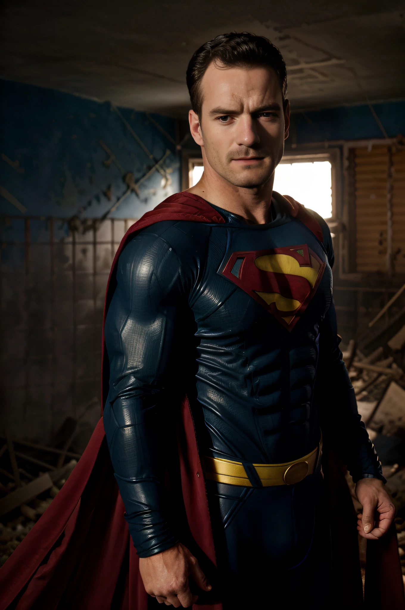 Superman in a blue suit standing in a destroyed area, Super-homem, Herry Cavill, pose do super-homem, Justin Hartley como Superman, Henrique Cavill!!!, Henrique Cavill, Traje do Superman, Directed by: Jakob Gauermann, Tom Hanks como Superman, cinematic full shot, foto ainda, filme ainda 8K, fan art, 4k ainda, foto de retrato em close-up, tiro de close-up, cinematic body shot