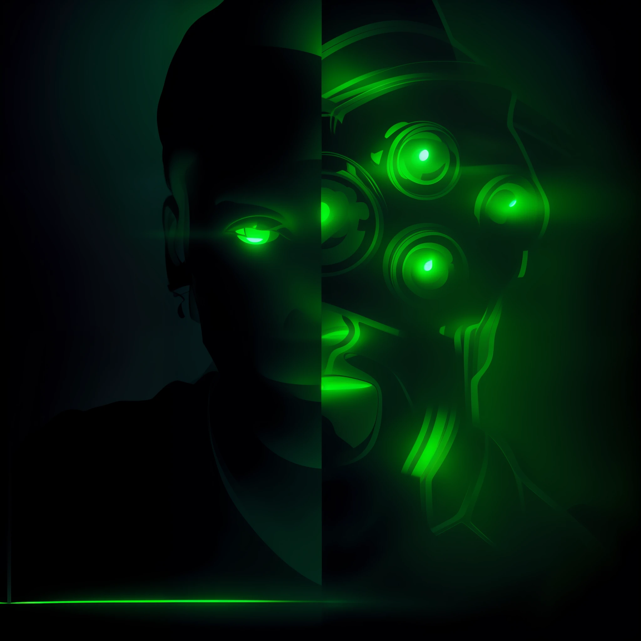 Full Ad 8k image professional edition of the figure deep with each other background totally black with radiant lights Green equal to the image,