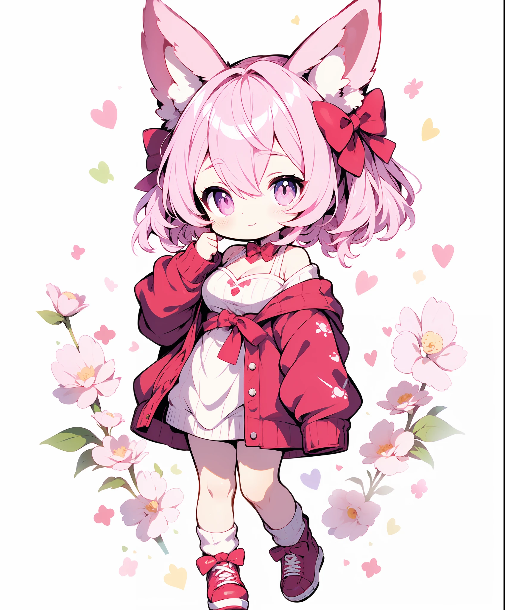 1girl, solo, animal ears, pink hair, socks, hair over one eye, virtual youtuber, full body, breasts, white background, simple background, short hair, sleeves past fingers, bow, jacket, looking at viewer, animal ear fluff, white socks, cleavage, standing, sleeves past wrists, pink eyes, large breasts, rabbit ears, hair bow, red bow, smile, shoes, red footwear, off shoulder, bare shoulders, long sleeves, closed mouth, +_+, green bow, red ribbon