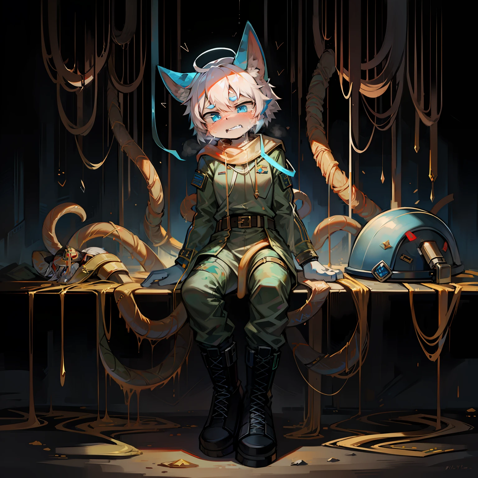 tmasterpiece,A age soldier is wrapped in tentacles,struggling,hang,Angry expressions,streaming tears,Be red in the face,gritting teeth,White color hair,blue color eyes,White ears,White tail,Camouflage military uniform,Body armor,military helmet,army boots,With submachine guns,(Mucus 1.2),(Tentacle 1.8),laboratory background