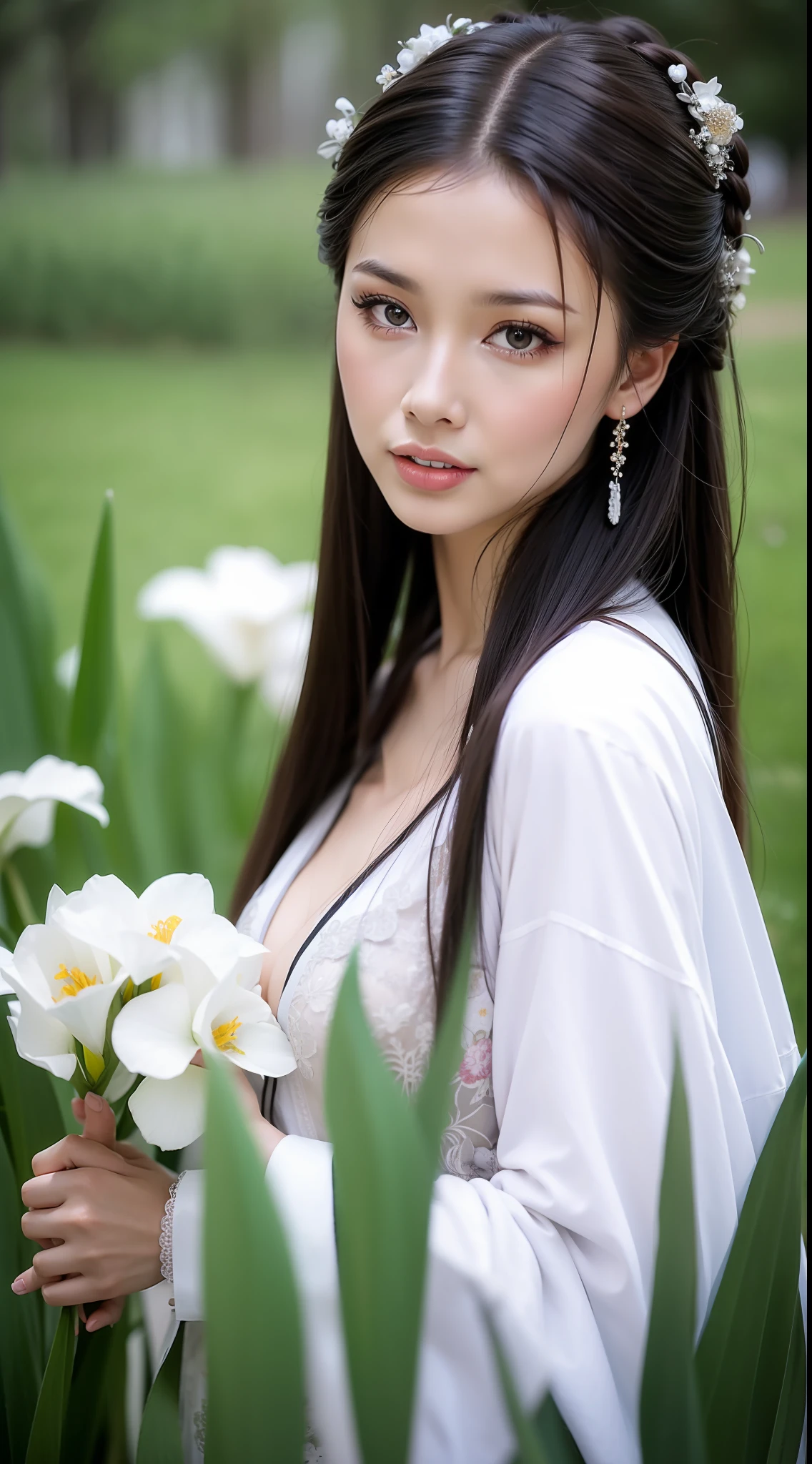 Fashion model 14 years old [[[[closeup cleavage]]]], [[[[boobgasm]]]], [[[[coll]]]], [[[[bshoulders]]]], perfect  eyes, Perfect iris，Perfect lips，perfect teeth，Perfect skin，Long face，slender nose，Soft front light，hdr，Movie girl，long whitr hair，Long hair with a shawl，The background is grass and flowers，（pastel colour：1.2）