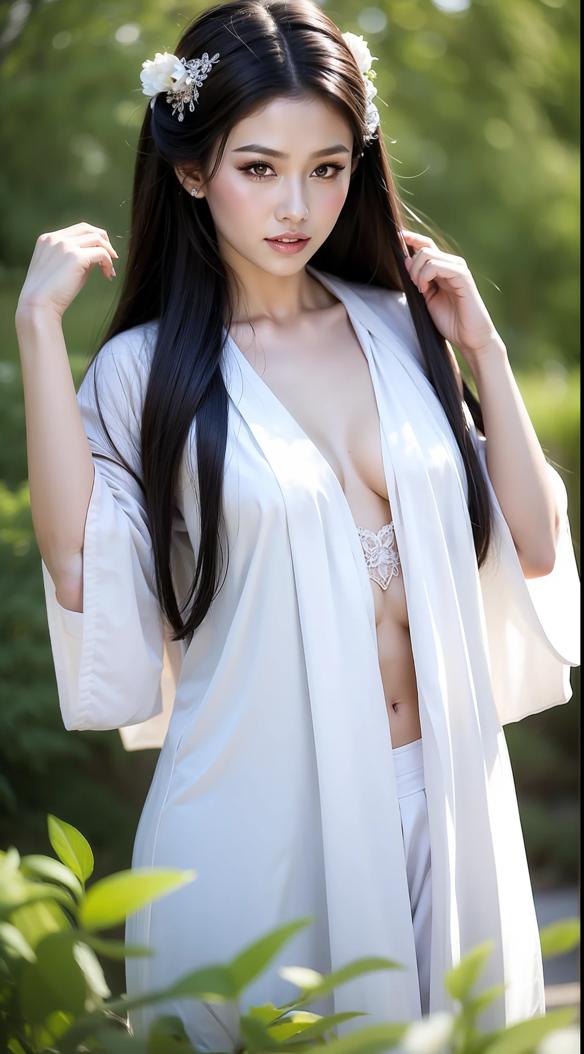 Fashion model  [[[[closeup cleavage]]]], [[[[boobgasm]]]], [[[[coll]]]], [[[[bshoulders]]]], perfect  eyes, Perfect iris，Perfect lips，perfect teeth，Perfect skin，Long face，slender nose，Soft front light，hdr，Movie girl，long whitr hair，Long hair with a shawl，The background is grass and flowers，（pastel colour：1.2）