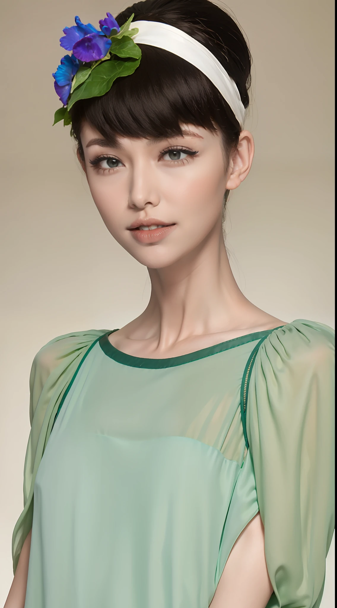 Fashion model 20 years old [[[[closeup cleavage]]]], [[[[boobgasm]]]], [[[[coll]]]], [[[[bshoulders]]]], perfect  eyes, Perfect iris，Perfect lips，perfect teeth，Perfect skin，Long face，slender nose，with fair skin，Soft front light，hdr，Movie girl，Casual，The background is outdoor，Green trees and flowers，（pastel colour：1.2）