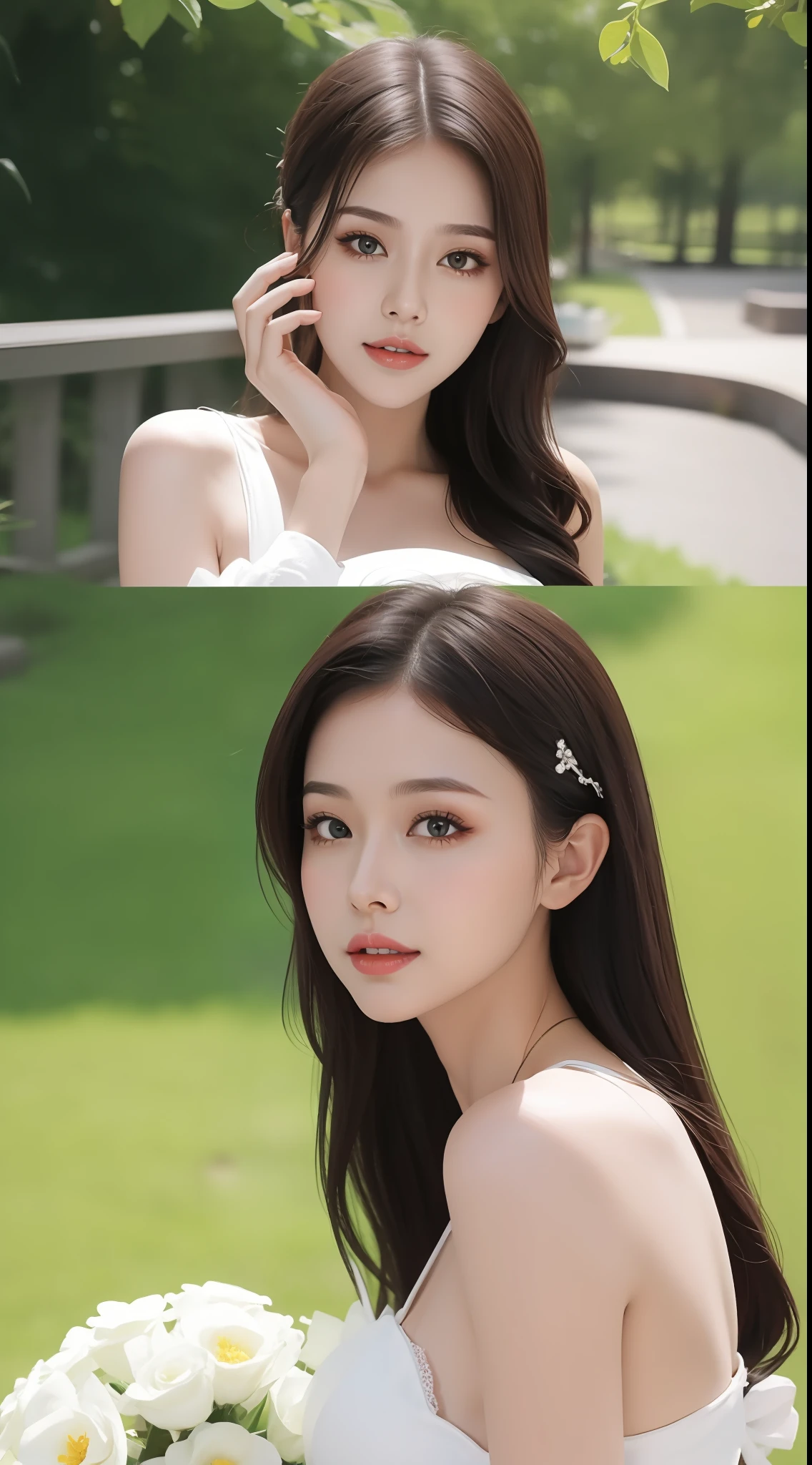Fashion model 18 years old [[[[closeup cleavage]]]], [[[[boobgasm]]]], [[[[coll]]]], [[[[bshoulders]]]], perfect  eyes, Perfect iris，Perfect lips，perfect teeth，Perfect skin，Long face，slender nose，with fair skin，Soft front light，hdr，Movie girl，Casual，long whitr hair，Long hair with a shawl，The background is outdoors，Green trees and flowers（pastel colour：1.2）
