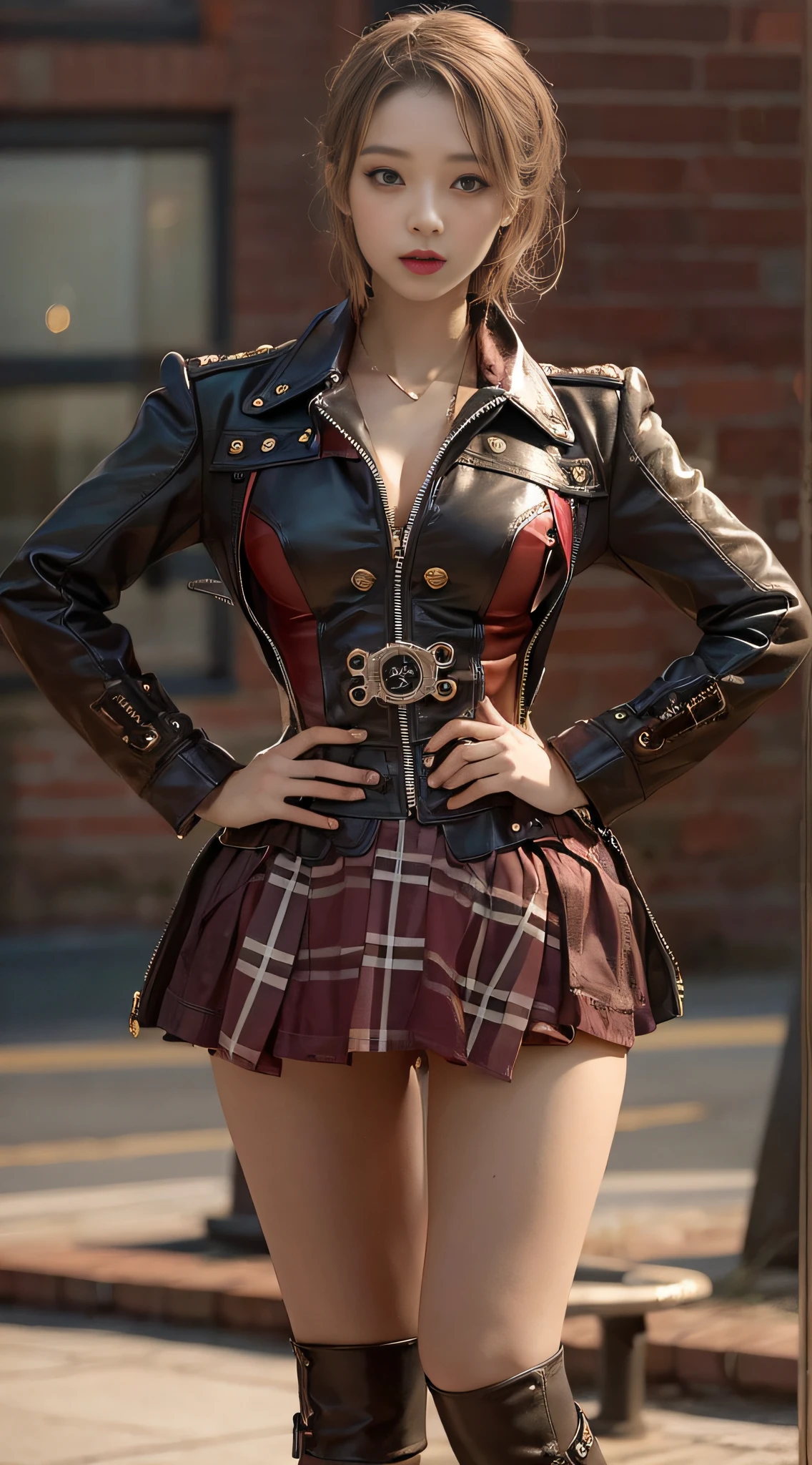 Cute Girl, Leather Costume, Knee shot, Exposure boom, Steampunk Pin-Up Girl, Steampunk girl on a garter belt, Steampunk beauty, Steampunk Goddess, Steampunk style location, Steampunk costumes,. Wearing a steampunk dress, closeup portrait shot, steampunk inventor girl, High-quality close-ups,
NSFW, 8k RAW photo, The highest image quality, masutepiece, ultra-quality, Film grain, Natural Skin Texture, realistic eyes and face details, Full lips, lip stick, (make up), Red Eye Shadow, short fluffy hair, hair messy, Smile, Full Mouth, nice legs, Tall Woman, (backgroung details), slim, Slim Nice Legs, One, cleavage, Cleavage legs, One, cleavage, Hip Look Pose, Very short skirt, hip, Shirt, Hip Look Pose, Skirt, hip, Shirt, (backgroung details), Burberry Plaid, plaid skirts, (((very small chest))), A shirt with a little cleavage, Blurred background explanation: Burberry, Pleated skirt, depth of fields