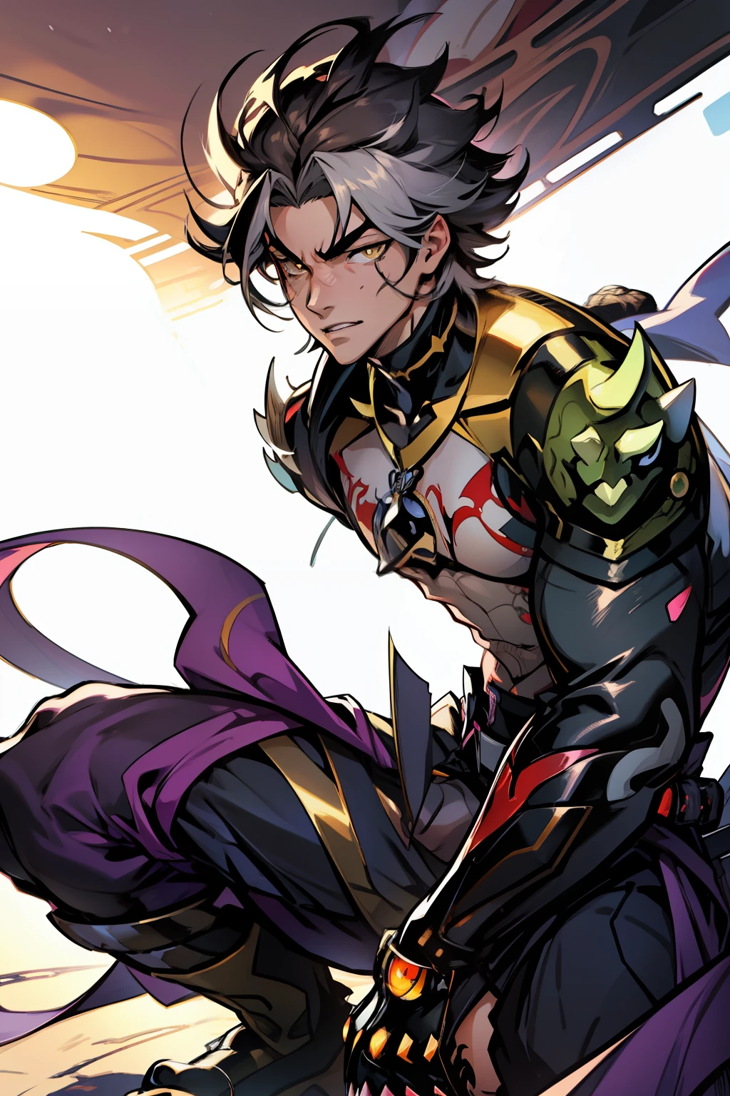 《the original god》Arataki Kazuto , male people,,((Masterpiece)), ((Best quality)), Ultra detailed,((illustration)), Dynamic Angle, Detailed light, (Delicate eyes), Floating, 1boy, Male focus, Head, Clothing, Yellow eyes, necklace, tattoo, (Forehead:0.8), (ahoge:0.8), jewelry, apathy,Ray, chest muscle, Sexy , Venom symbiote for your body, Black mucus of the body , (into venom), Venom,frontage,style of anime4 K, 4K anime wallpaper, Badass anime 8 K, 4 k comic wallpaper, young anime man, Anime boys, Anime wallpapers 4 k, Anime wallpaper 4K, High quality anime art style, Anime moe art style, Anime art wallpaper 8 K, Anime art wallpaper 4 K, RGB lighting