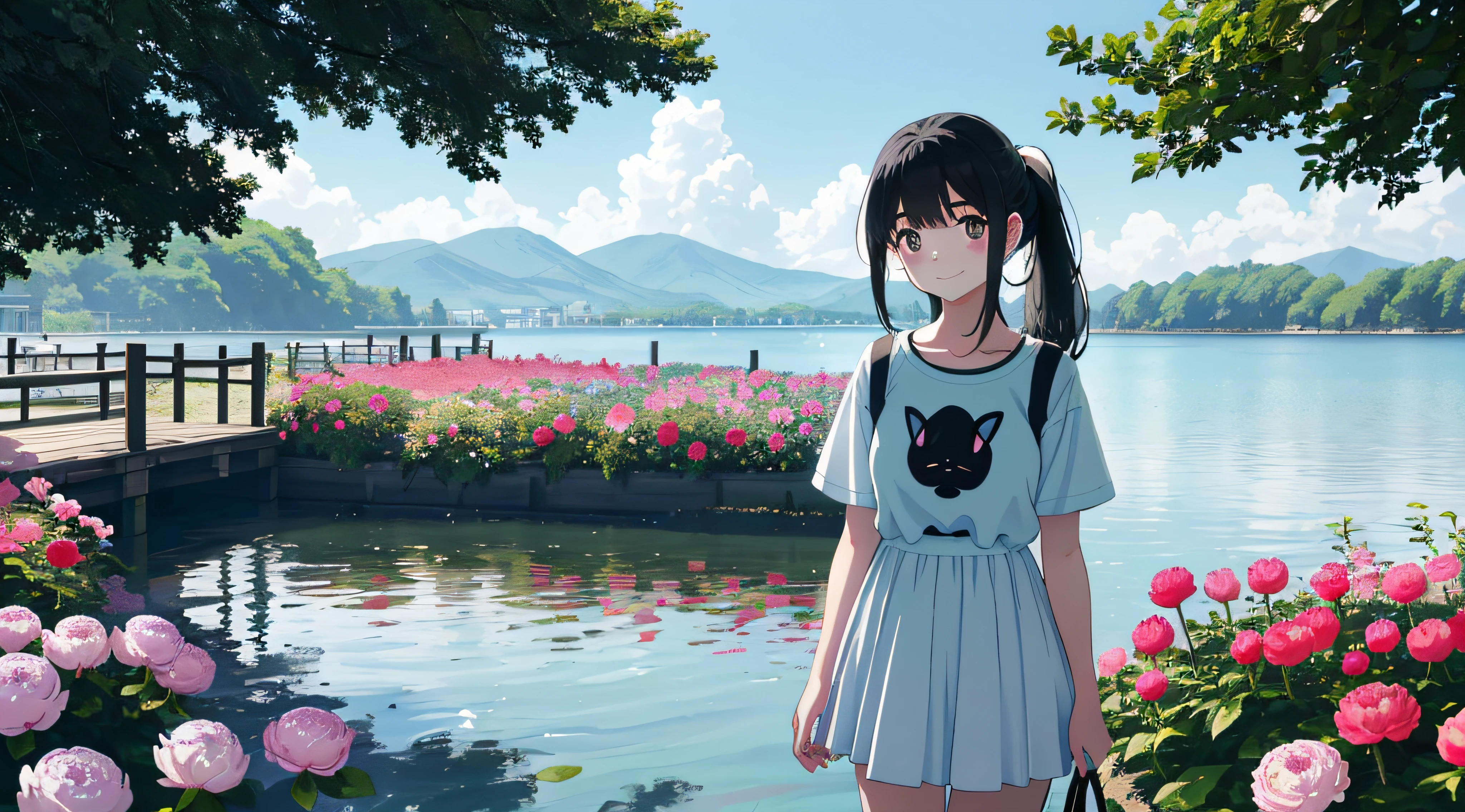 In a blue sky，There are seven rainbows of flowers in the summer daytime，and the sun was shining brightly，There is soft natural light, dingdall effect，An intimate portrait of a young girl about eighteen ，The girl's appearance is thick eyebrows，There are big watery eyes，The girl has long black hair，Wear crossed bangs，front ponytail，The head is adorned with rabbit ears，She blushed，Standing on a wooden dock wearing a pale green T-shirt，Next to the girl there is also a cute black and white border collie，A wooden pier juts out onto the tranquil lake，The girl gently closed her mouth and looked at the viewer with a smile，A hand beckons to the viewer，A happy smile on his face。The sun casts a warm glow on the scene，Illuminates the ripples in the water，Cast a soft shadow on the girl's face。Behind her，A sea of purple and red flowers stretches into the distance，There are peony flowers，Rosa flowers，hydrangeas，The wide variety of flowers contrasts with the pale blue sky above。Despite the tranquility of the surroundings，But there was a clear sense of joy in the girl。