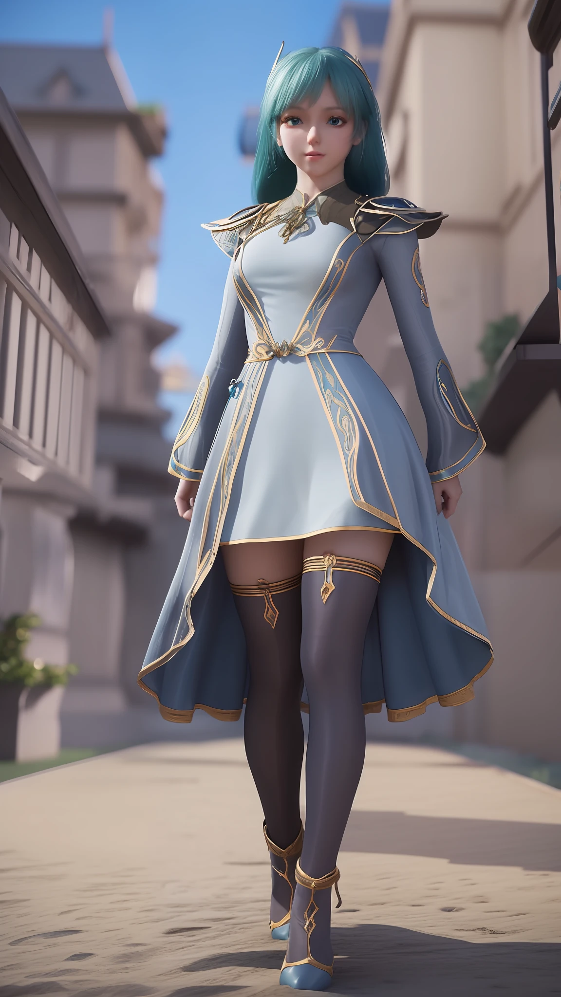 Arad woman in blue dress and white shirt walking on the beach, photorealistic anime girl rendering, render of a cute 3d anime girl, 3 D rendering character art 8 K, realistic fantasy rendering, Costume with blue accents, wearing fantasy clothing, fantasyoutfit, fantasy style clothing, hyper-detailed fantasy character, stuning fantasy 3 d render
