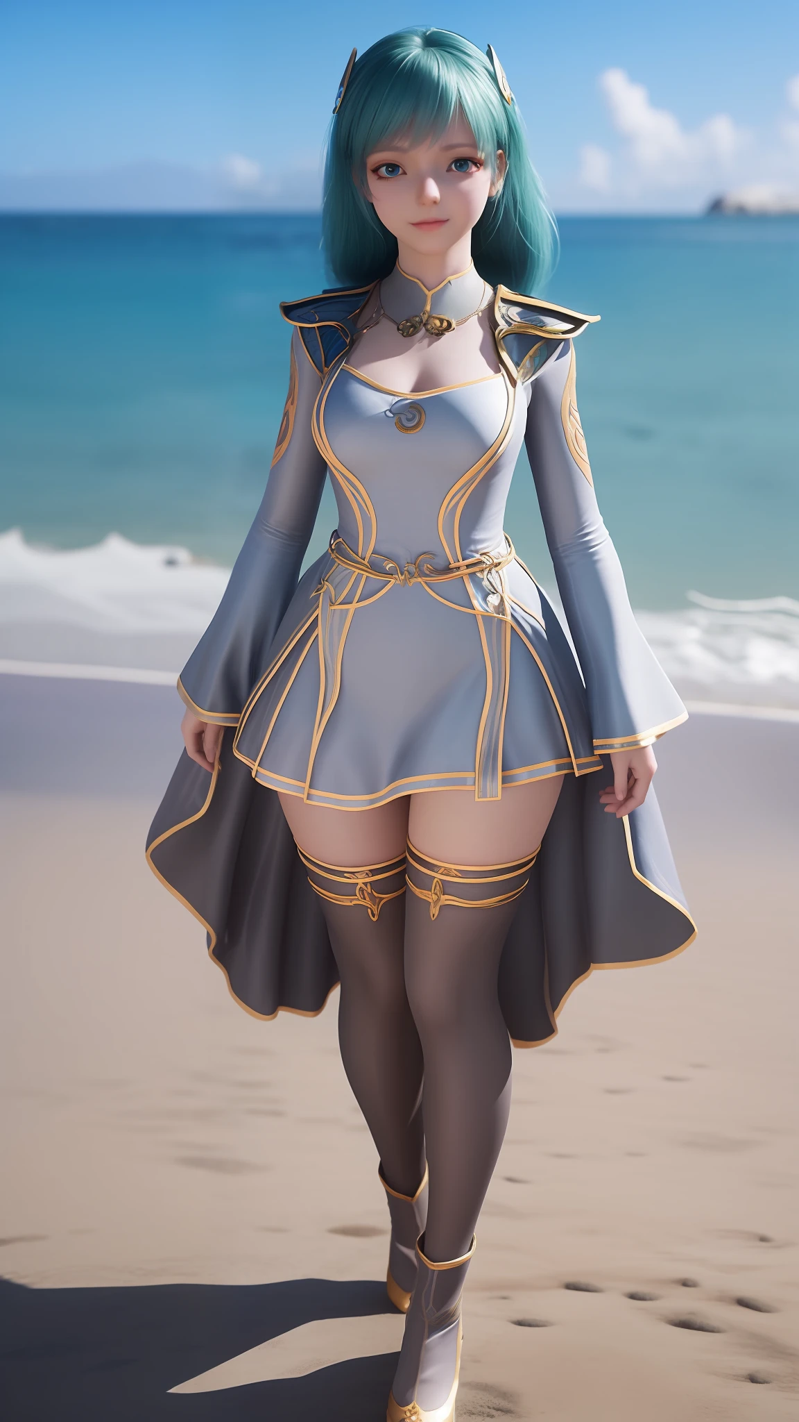 Arad woman in blue dress and white shirt walking on the beach, photorealistic anime girl rendering, render of a cute 3d anime girl, 3 D rendering character art 8 K, realistic fantasy rendering, Costume with blue accents, wearing fantasy clothing, fantasyoutfit, fantasy style clothing, hyper-detailed fantasy character, stuning fantasy 3 d render