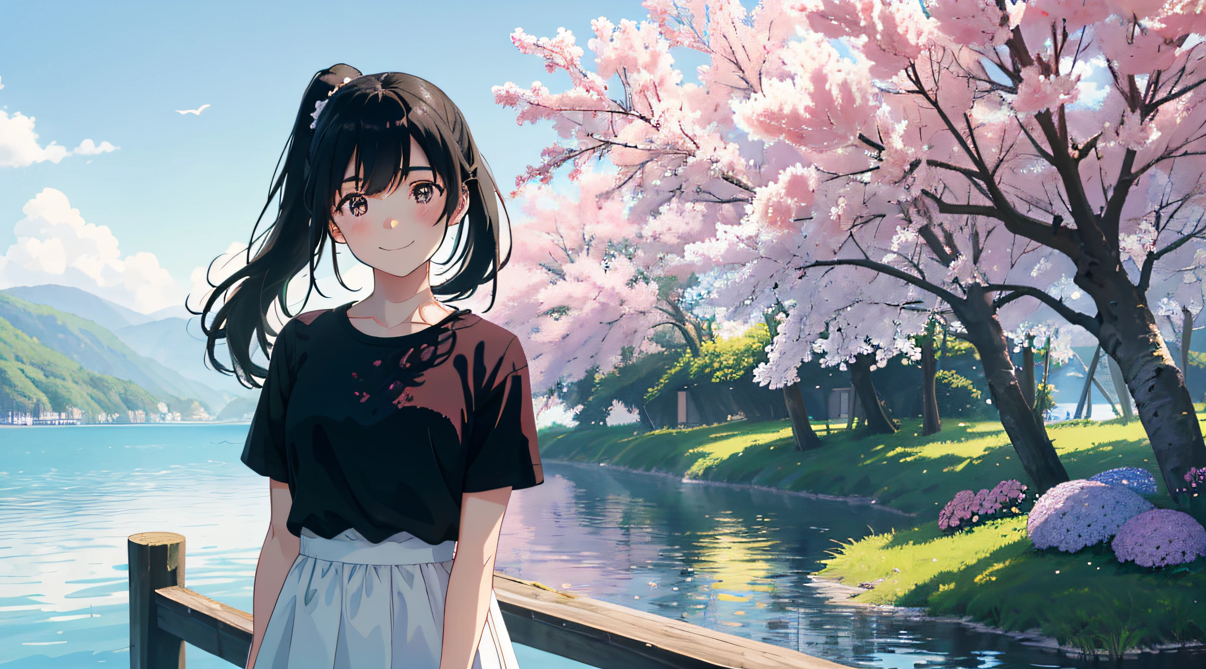 In a blue sky，There are seven rainbows of flowers in the summer daytime，and the sun was shining brightly，There is soft natural light, dingdall effect，An intimate portrait of a young girl about eighteen years old，The girl's appearance is thick eyebrows，There are big watery eyes，The girl has long black hair，Wear crossed bangs，front ponytail，The head is adorned with rabbit ears，She blushed，Standing on a wooden dock wearing a pale green T-shirt，Next to the girl there is also a cute black and white border collie，A wooden pier juts out onto the tranquil lake，The girl gently closed her mouth and looked at the viewer with a smile，A hand beckons to the viewer，A happy smile on his face。The sun casts a warm glow on the scene，Illuminates the ripples in the water，Cast a soft shadow on the girl's face。Behind her，A sea of purple and red flowers stretches into the distance，There are peony flowers，Rosa flowers，hydrangeas，The wide variety of flowers contrasts with the pale blue sky above。Despite the tranquility of the surroundings，But there was a clear sense of joy in the girl。