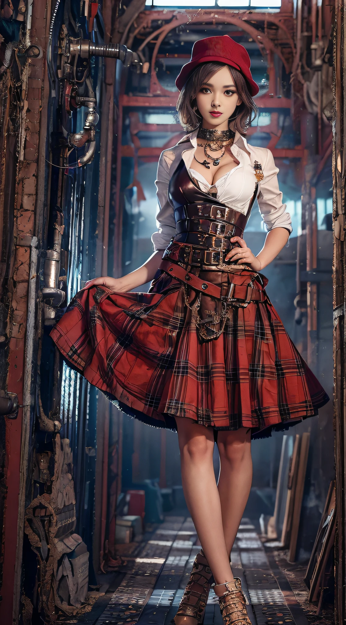 Cute Girl, Leather Costume, Knee shot, Exposure boom, Steampunk Pin-Up Girl, Steampunk girl on a garter belt, Steampunk beauty, Steampunk Goddess, Steampunk style location, Steampunk costumes,. Wearing a steampunk dress, closeup portrait shot, steampunk inventor girl, High-quality close-ups,
NSFW, 8k RAW photo, The highest image quality, masutepiece, ultra-quality, Film grain, Natural Skin Texture, realistic eyes and face details, Full lips, lip stick, (make up), Red Eye Shadow, short fluffy hair, hair messy, Smile, Full Mouth, nice legs, Tall Woman, (backgroung details), slim, Slim Nice Legs, One, cleavage, Cleavage legs, One, cleavage, Hip Look Pose, Very short skirt, hip, Shirt, Hip Look Pose, Skirt, hip, Shirt, (backgroung details), Burberry Plaid, plaid skirts, (((very small chest))), A shirt with a little cleavage, Blurred background explanation: Burberry, Pleated skirt, depth of fields