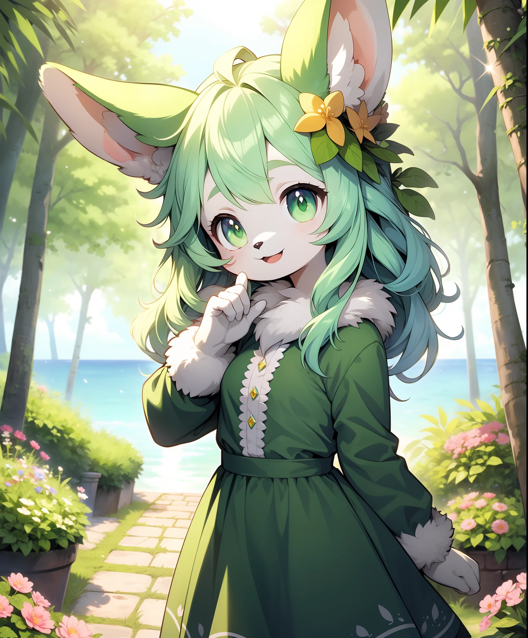 furry girl,rabbit ears,green dress,in forest, sea of flowers, cowboy shot,smile, hair ornament, looking at viewer, one hand up, head tilt