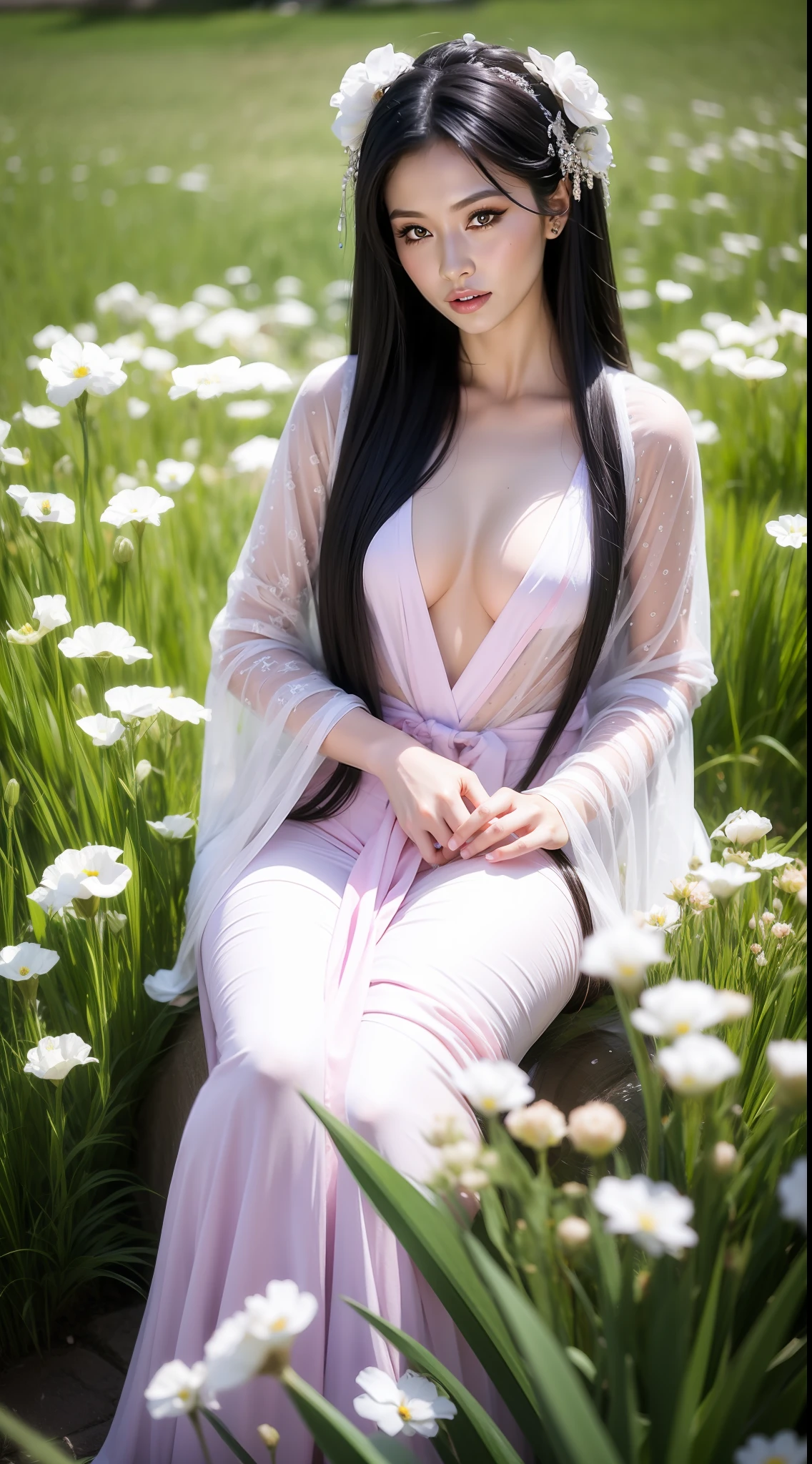 Fashion model  [[[[closeup cleavage]]]], [[[[boobgasm]]]], [[[[coll]]]], [[[[bshoulders]]]], perfect  eyes, Perfect iris，Perfect lips，perfect teeth，Perfect skin，Long face，slender nose，Soft front light，hdr，Movie girl，long whitr hair，Long hair with a shawl，The background is grass and flowers，（pastel colour：1.2）