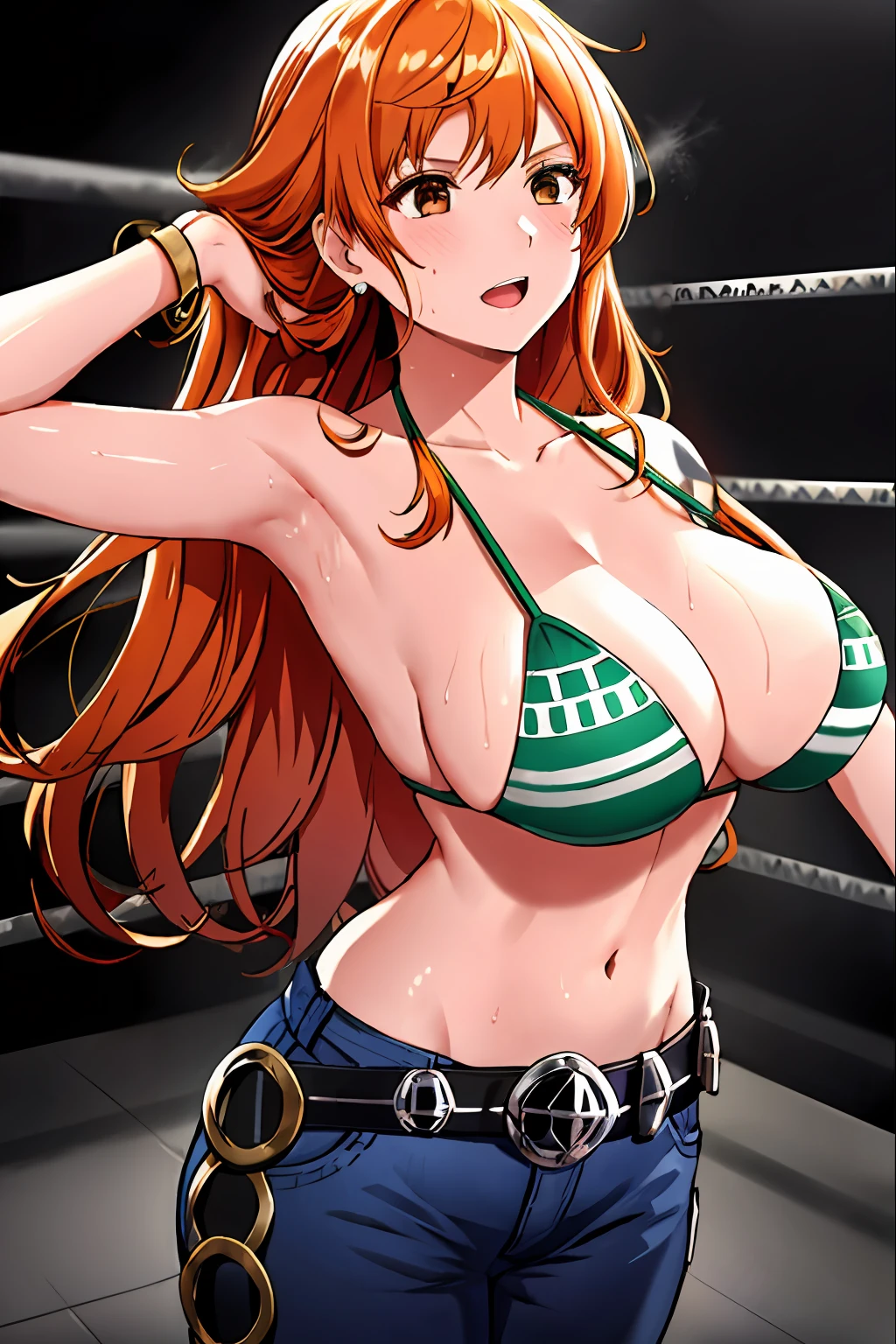 NUMBER: 7, WALLPAPER, detailed background, wrestling stage, wrestling match, ((((leaning on turnbuckle: 1.9, armpits: 1.3, victory pose: 1.8))), masterpiece, 4k, (wwe:1.1), turnbuckle, (((wrestling ring robes behind))), wrestling robes, epic, best quality, late youth, adult, wrestler body, strong, 1girl, active, energic, (large mouth) , solo, nami \(one piece\), 1girl, bangle, (very wet, drenched in sweat, sweat all over body, open mouth, exhausted, shouting, sweaty face, leaning, serious, glaring, open eyes, perfect detailed face, round face, sweat on face) bold drawing lines, muscular arms, detailed bold arm lines, flat jaw, adult woman, wavy wide streaked bangs, floating bang, (big cheeks), bare shoulders, belt, bikini, bikini top only, bracelet, springy breasts, breast lines, big round eyes, very big brown shiny eyes, high eye position, cleavage, denim, earrings, floating hair, shiny hair, green belt, green bikini, bold groin lines, jeans, jewelry, medium breasts, log pose, long hair, looking at viewer, big navel, wet hair, orange hair, pants, shoulder tattoo, sidelocks, solo, standing, stomach, swimsuit, tattoo, looking at viewer, open mouth, detailed left arm, big forehead, hourglass figure, small head, toned body, wide hair, wind effect, narrow small ears angle, older, (((midsection shot only))),