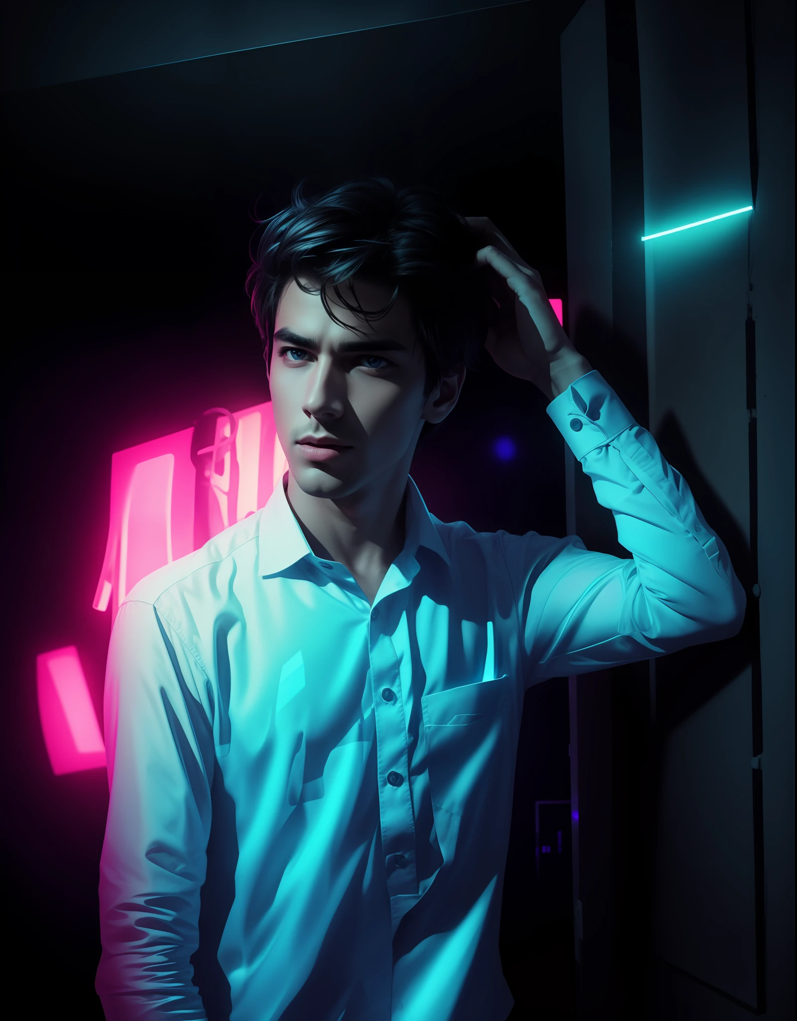 change background into dark with neon light, 4k quality, handsome,