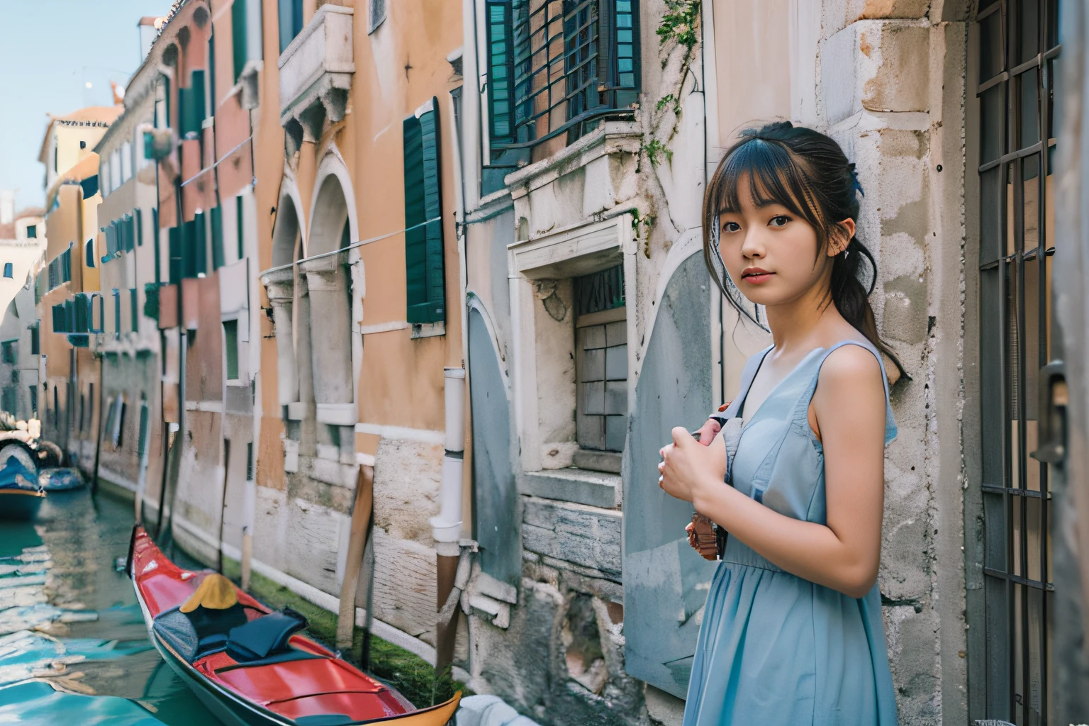 (8K、Raw photography、top-quality、masuter piece:1.2)、ultra-detailliert、ultra res、(realisitic、rialistic photo:1.37), (Japan girls , Round face, Bangs, Walk the streets of Venice in a light blue dress), Solo, (Smile:0.5),
