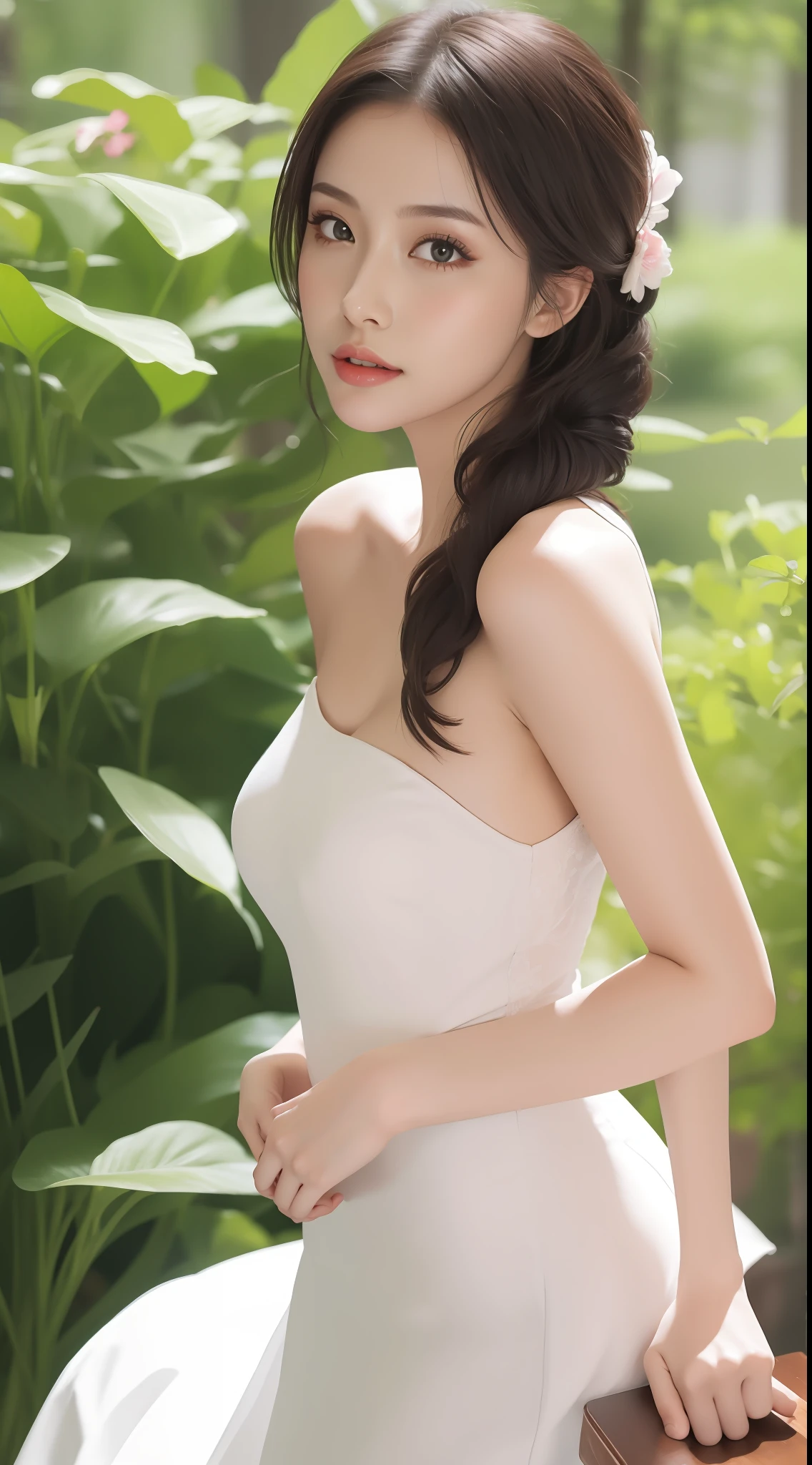 Fashion model 18 years old [[[[closeup cleavage]]]], [[[[boobgasm]]]], [[[[coll]]]], [[[[bshoulders]]]], perfect  eyes, Perfect iris，Perfect lips，perfect teeth，Perfect skin，Long face，slender nose，with fair skin，Soft front light，hdr，Movie girl，Casual，long whitr hair，Long hair with a shawl，The background is outdoors，Green trees and flowers（pastel colour：1.2）