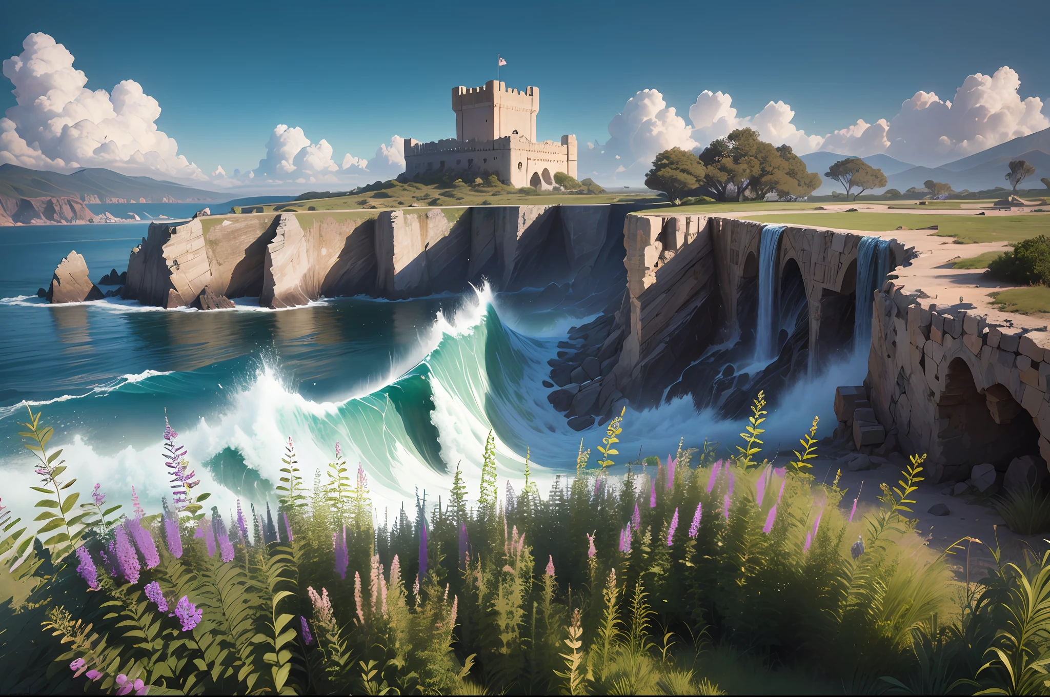 RAW photo, best, masterpiece, best quality, high quality, extremely detailed, (An ancient palace and towers: 1.4), (next to a volcanic island in the Gulf of Baia: 1.3), (waves break furiously: 1.4 ), ( everything is covered with blue moss and flowers 1.2), the image takes us to the Ode to the West Wind, written by Percy Bysshe Shelley, intricate details, natural light