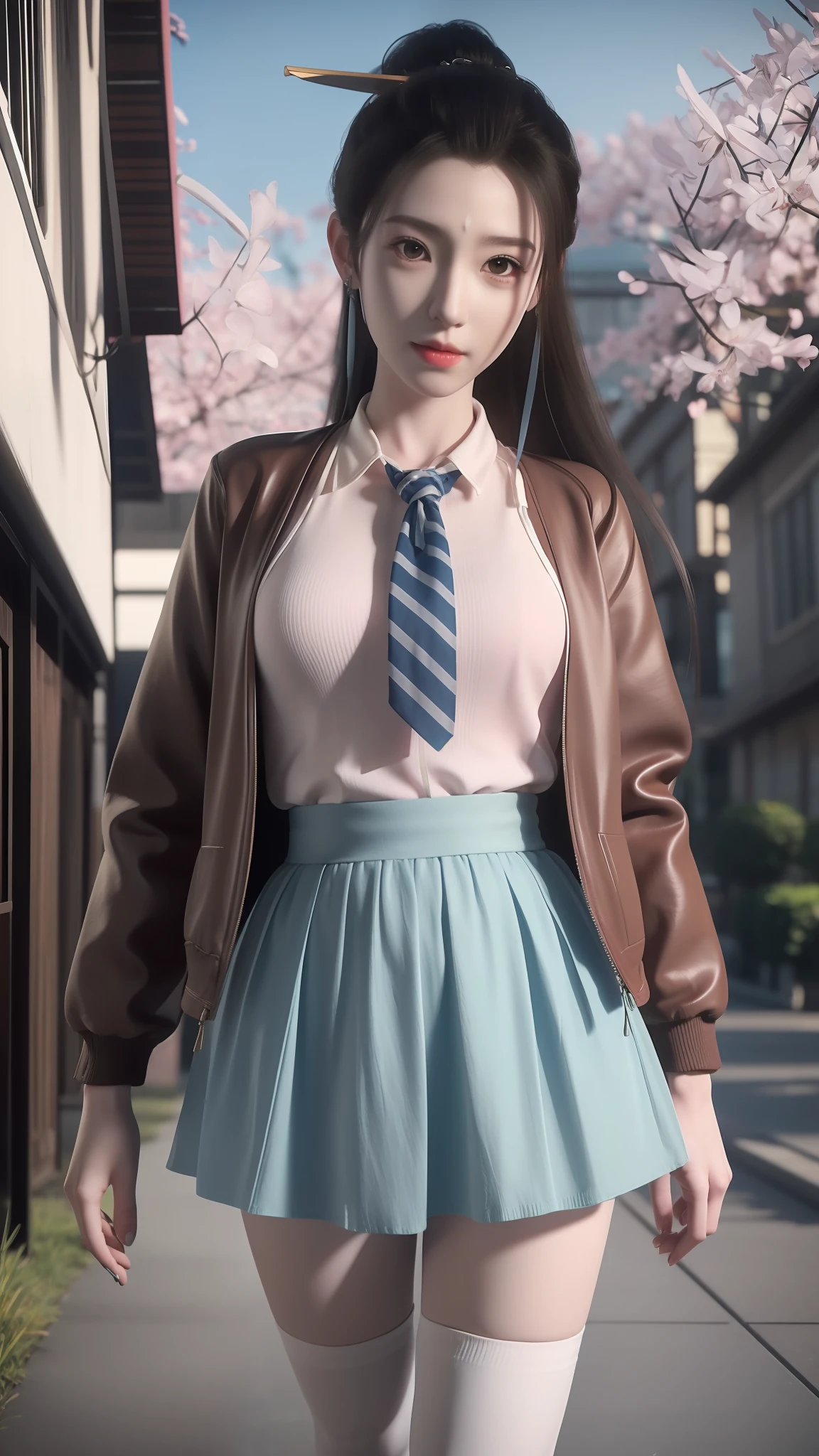 there is a woman in a skirt and a jacket posing for a picture, Surrealism female students, Surrealism female students, Realistic schoolgirl, thighhighs and skirt, photorealistic anime girl rendering, 3 d anime realistic, Smooth anime CG art, photorealistic full body, Photorealistic anime, Realistic anime 3 D style, photorealistic perfect body, wearing skirt and high socks