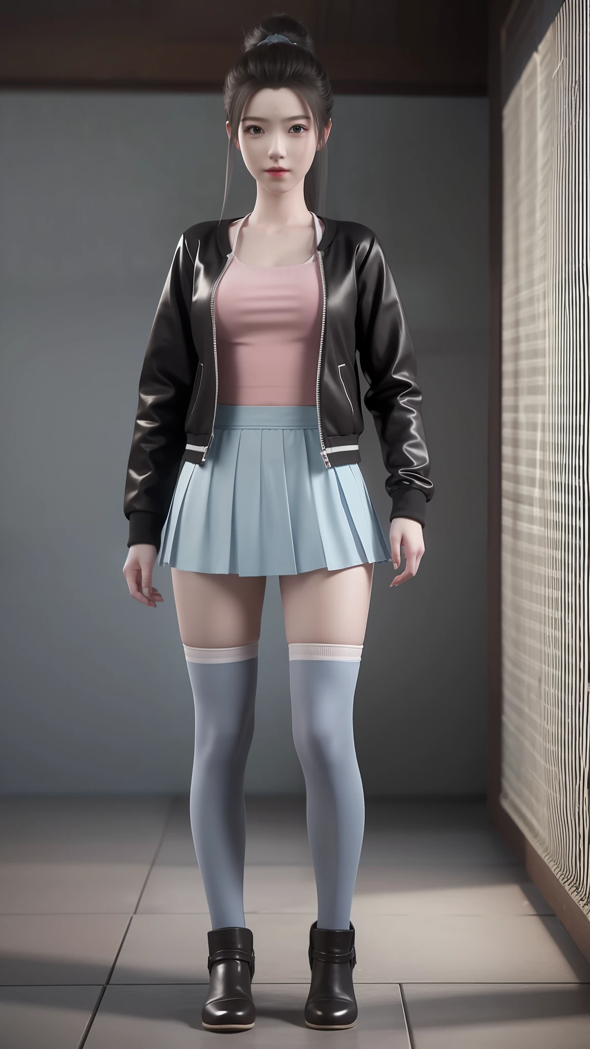 there is a woman in a skirt and a jacket posing for a picture, Surrealism female students, Surrealism female students, Realistic schoolgirl, thighhighs and skirt, photorealistic anime girl rendering, 3 d anime realistic, Smooth anime CG art, photorealistic full body, Photorealistic anime, Realistic anime 3 D style, photorealistic perfect body, wearing skirt and high socks