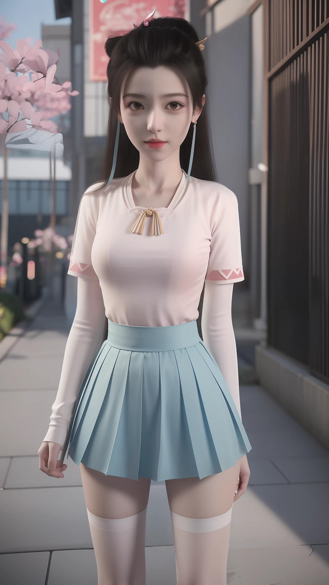 Arad woman posing for photo in short skirt and white shirt, Surrealism female students, Surrealism female students, Realistic schoolgirl, photorealistic anime girl rendering, thighhighs and skirt, 3 d anime realistic, small curvaceous ****, wearing skirt and high socks, Photorealistic anime, cute female student, Realistic anime 3 D style, female student