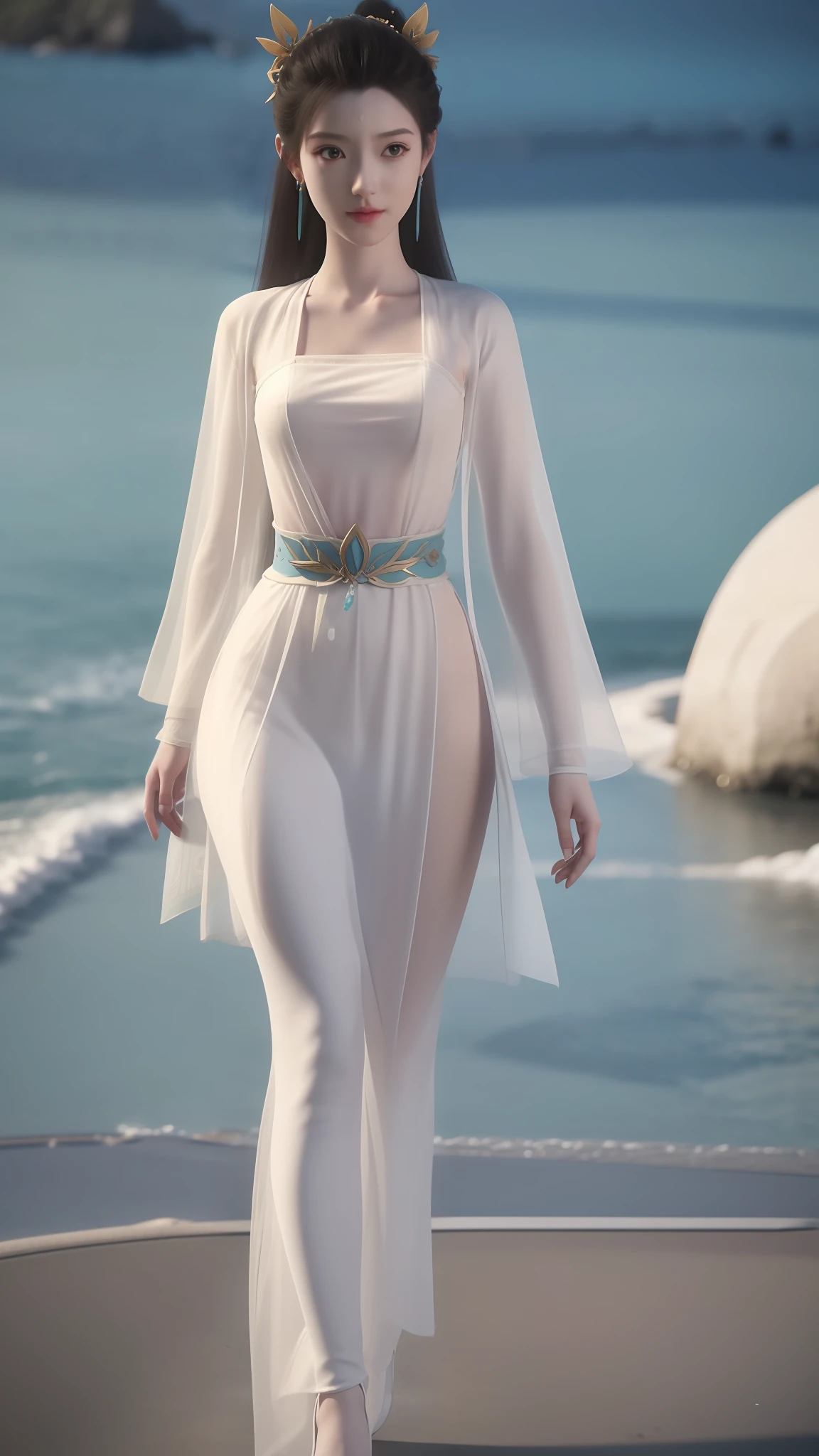 Anime girl in white dress walking on beach, Inspired by 3D renderings by Cynthia Shepard, Trend of CGsociety, Fantasy art, fantasyoutfit, fantasy style clothing, 3 D rendering character art 8 K, realistic fantasy rendering, stuning fantasy 3 d render, wearing fantasy clothing, render of a cute 3d anime girl, 8K high quality detailed art