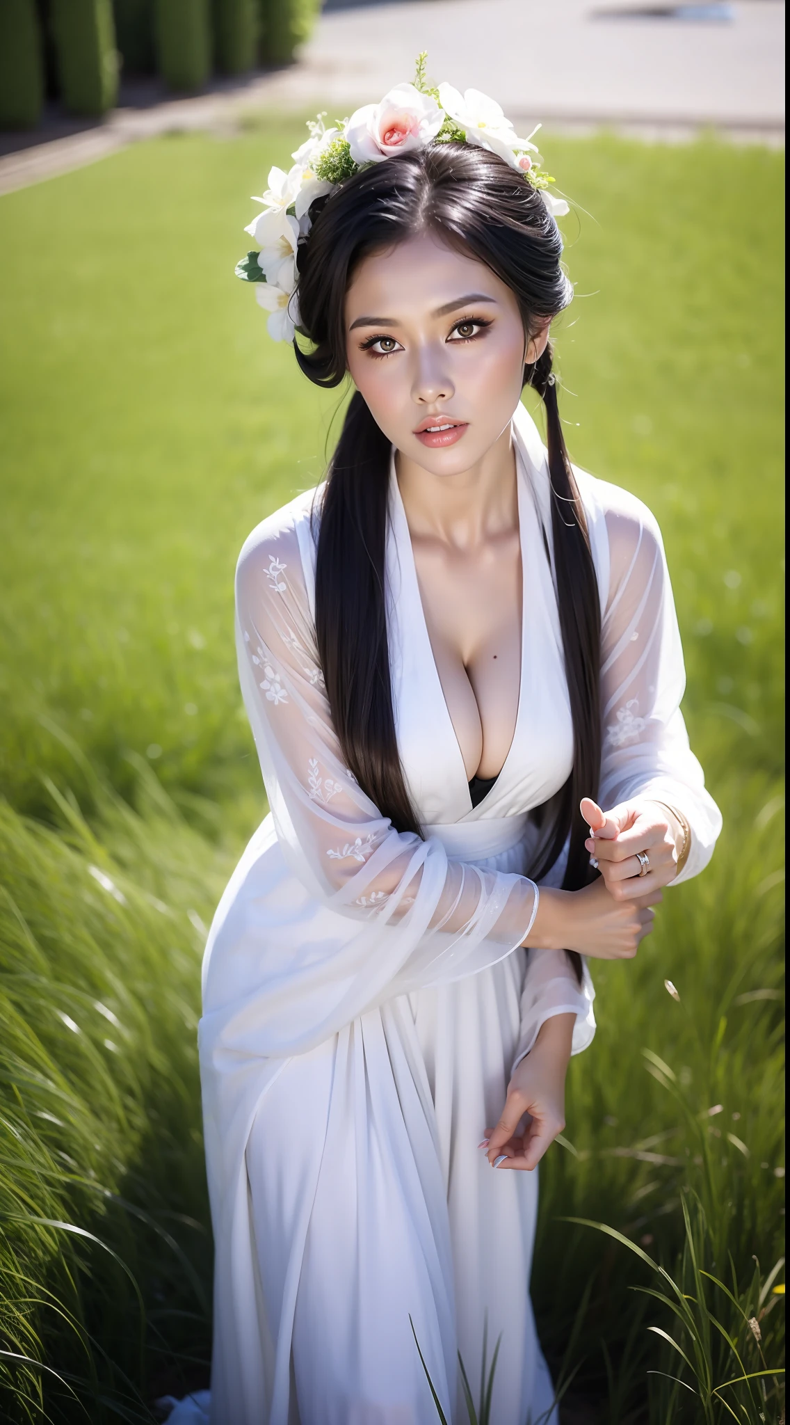 Fashion model  [[[[closeup cleavage]]]], [[[[boobgasm]]]], [[[[coll]]]], [[[[bshoulders]]]], perfect  eyes, Perfect iris，Perfect lips，perfect teeth，Perfect skin，Long face，slender nose，Soft front light，hdr，Movie girl，long whitr hair，Long hair with a shawl，The background is grass and flowers，（pastel colour：1.2）