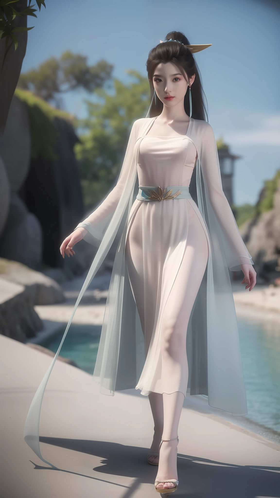 Anime girl in white dress walking on beach, Inspired by 3D renderings by Cynthia Shepard, Trend of CGsociety, Fantasy art, fantasyoutfit, fantasy style clothing, 3 D rendering character art 8 K, realistic fantasy rendering, stuning fantasy 3 d render, wearing fantasy clothing, render of a cute 3d anime girl, 8K high quality detailed art