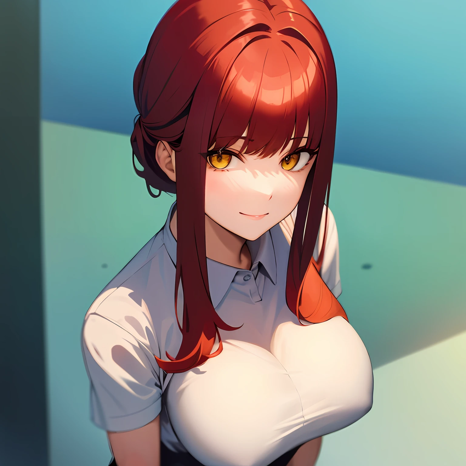 best quality, masterpiece, portrait of a gorgeous girl, smiling, closed mouth, slight smile, from above, looking at viewer, upper body, large breast, hips, perfect face, 1girl, solo, Red hair, yellow eyes, white background, detailed eyes, soft lighting, uniform, makima \(chainsaw man\)