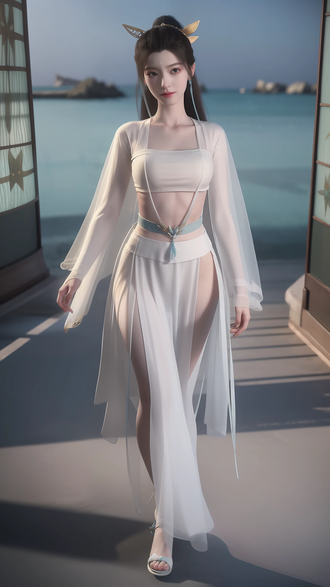 Anime girl in white dress walking on beach, Inspired by 3D renderings by Cynthia Shepard, Trend of CGsociety, Fantasy art, fantasyoutfit, fantasy style clothing, 3 D rendering character art 8 K, realistic fantasy rendering, stuning fantasy 3 d render, wearing fantasy clothing, render of a cute 3d anime girl, 8K high quality detailed art