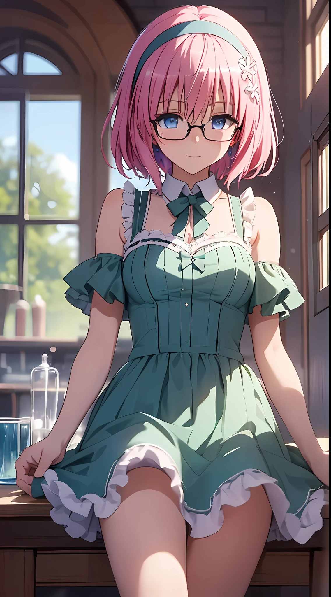 Mast, best quality, 1 girl, momo belia deviluke\ (to love ru), glass blur hair, glass blue eyes, glasses,short hair, headband, hair accessories, looking at the audience, front view, hands out if frame, blue Princess dress, welcoming position