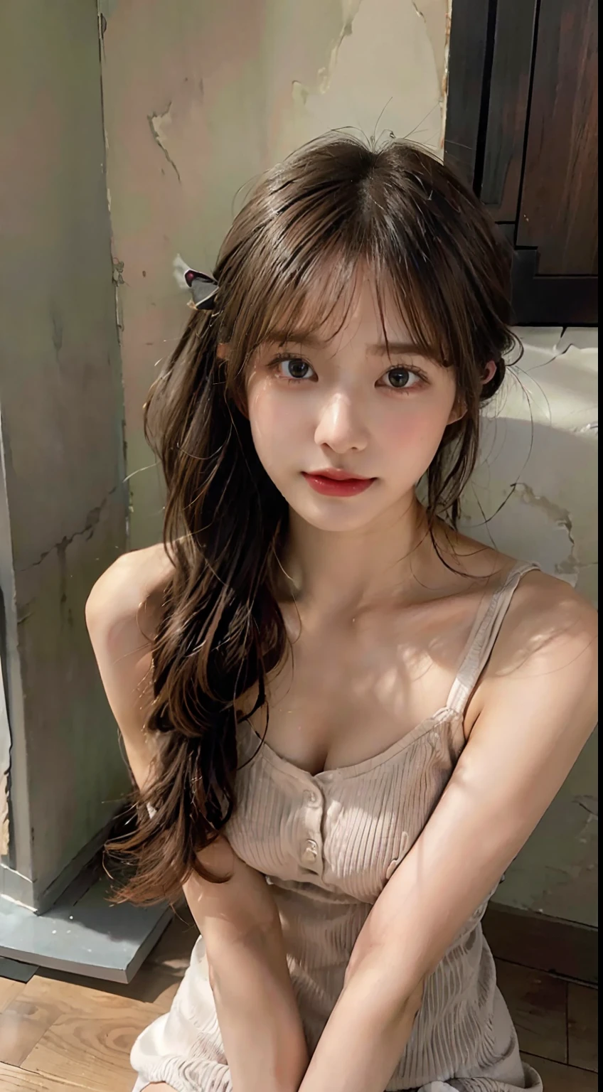(masterpiece:1.3), (8K, Photorealsitic, Raw photography, Top image quality: 1.4), Adult women in Japan、(Random hairstyles:1.2)、cleavage of the breast:1.2、Super Detail Face、Eye of Detail、二重まぶた、foco nítido:1.2、prety woman:1.4、light brown hair、top-quality、masterpiece、超A high resolution、(Photorealsitic:1.4)、very detailed and professional lighting、Loose long knitwear、Put your shoulders out、slender、serious facial expression、short-haired、all-fours、((no-bra、baretop、Naked on the chest))、Cowgirl Pose、(thigh visible、I almost see my panties..........、Unbutton all front of the dress)、 Almost visible、wide Shots、Knees on the floor