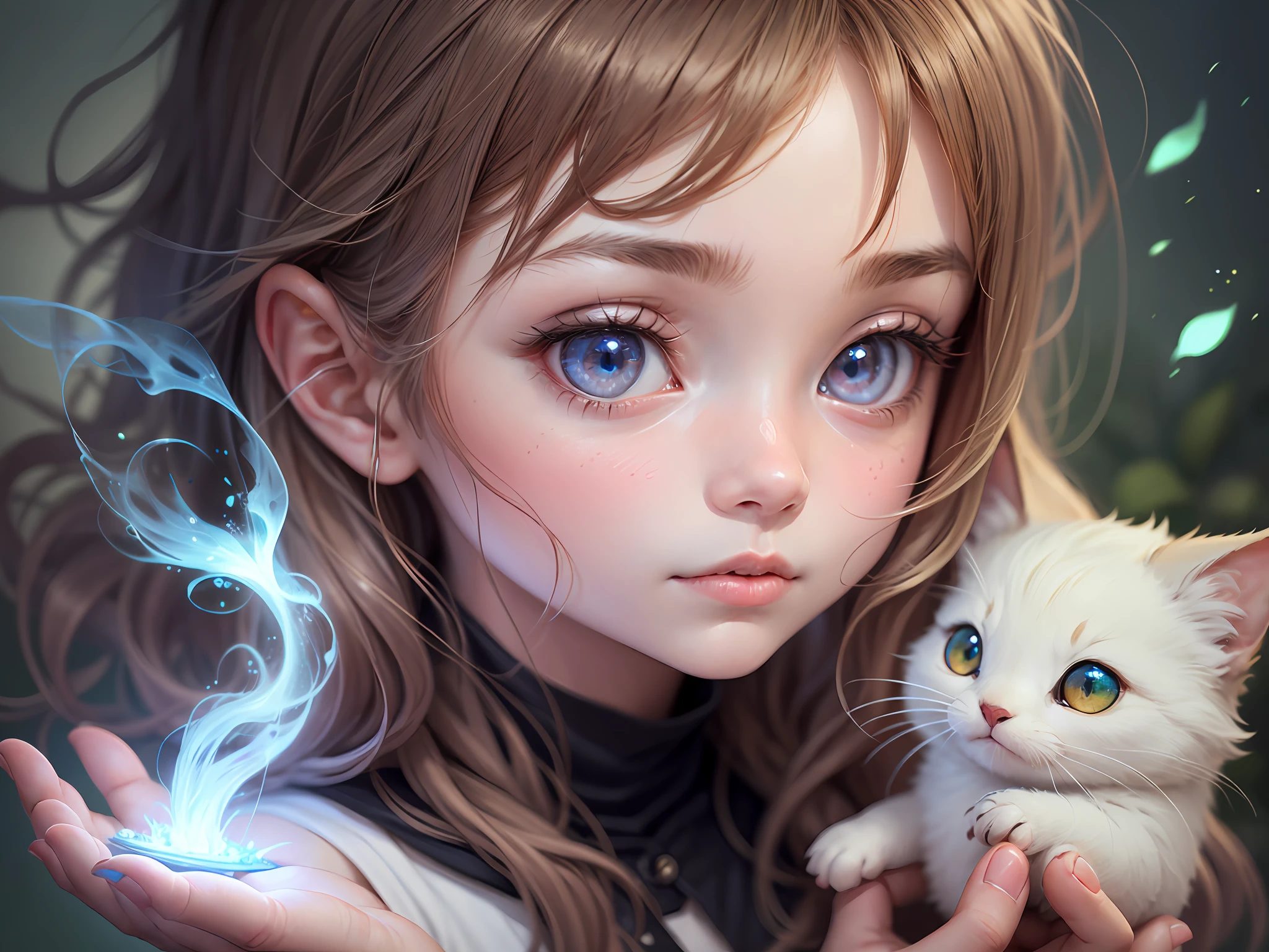 Close-up of a young girl with large, expressive eyes, holding a tiny, glowing creature in her hands, her face illuminated by the soft, magical glow, embodying an atmosphere of innocence and wonder, 2d, ghibli anime  --NijiDiffusedMix --auto --s2