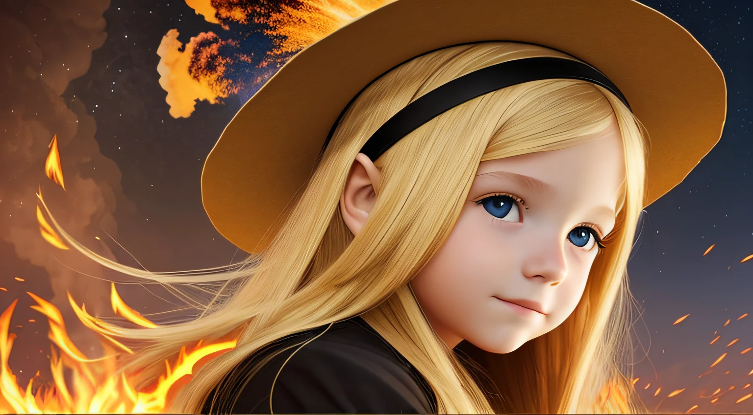 LONG HAIR BLONDE CHILD WEARING A WITCH HAT, nuclear explosion, fire, raio.
