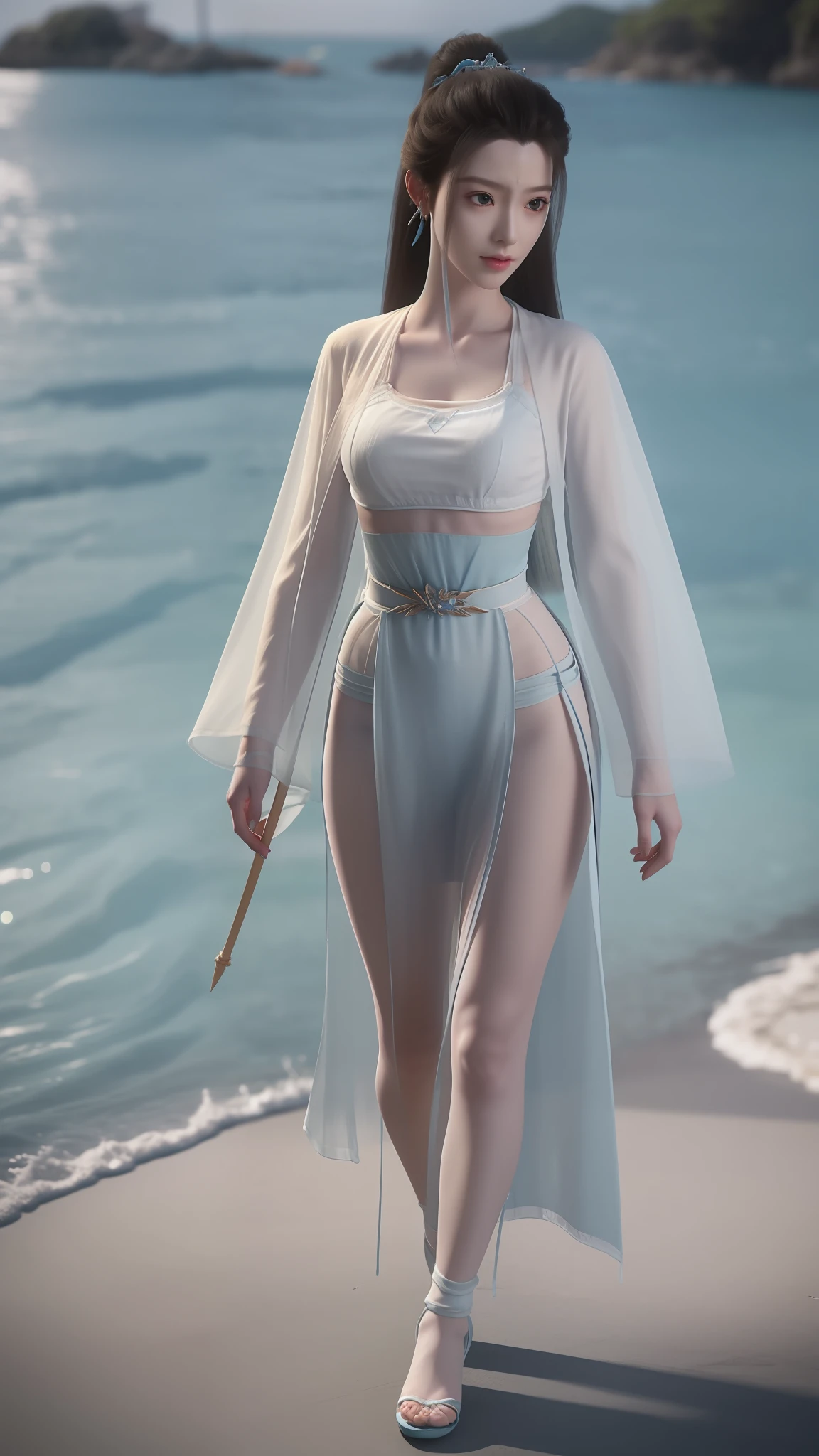 Arad woman in blue dress and white shirt walking on the beach, photorealistic anime girl rendering, render of a cute 3d anime girl, 3 D rendering character art 8 K, realistic fantasy rendering, Costume with blue accents, wearing fantasy clothing, fantasyoutfit, fantasy style clothing, hyper-detailed fantasy character, stuning fantasy 3 d render