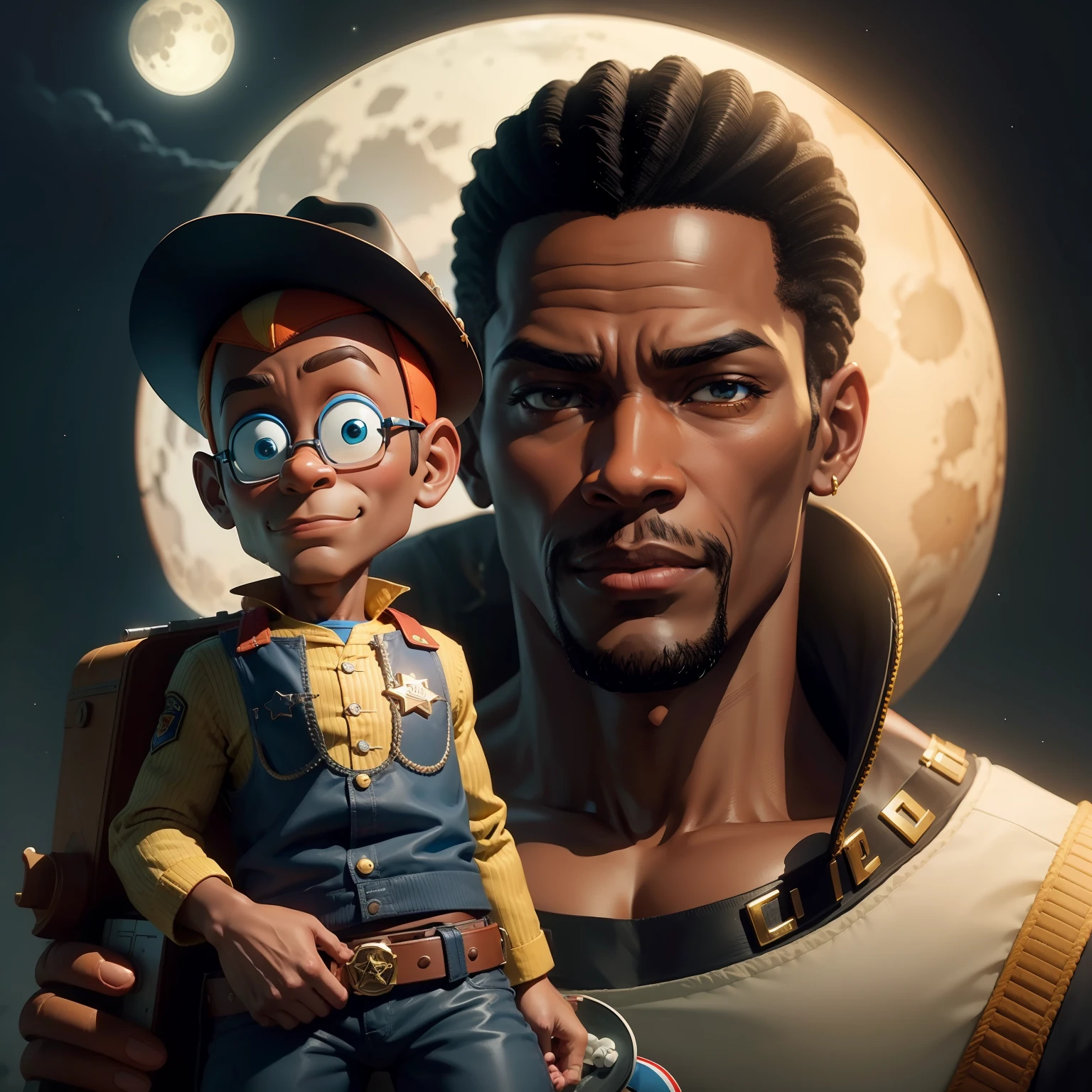 black man with sheriff toy woody, moon