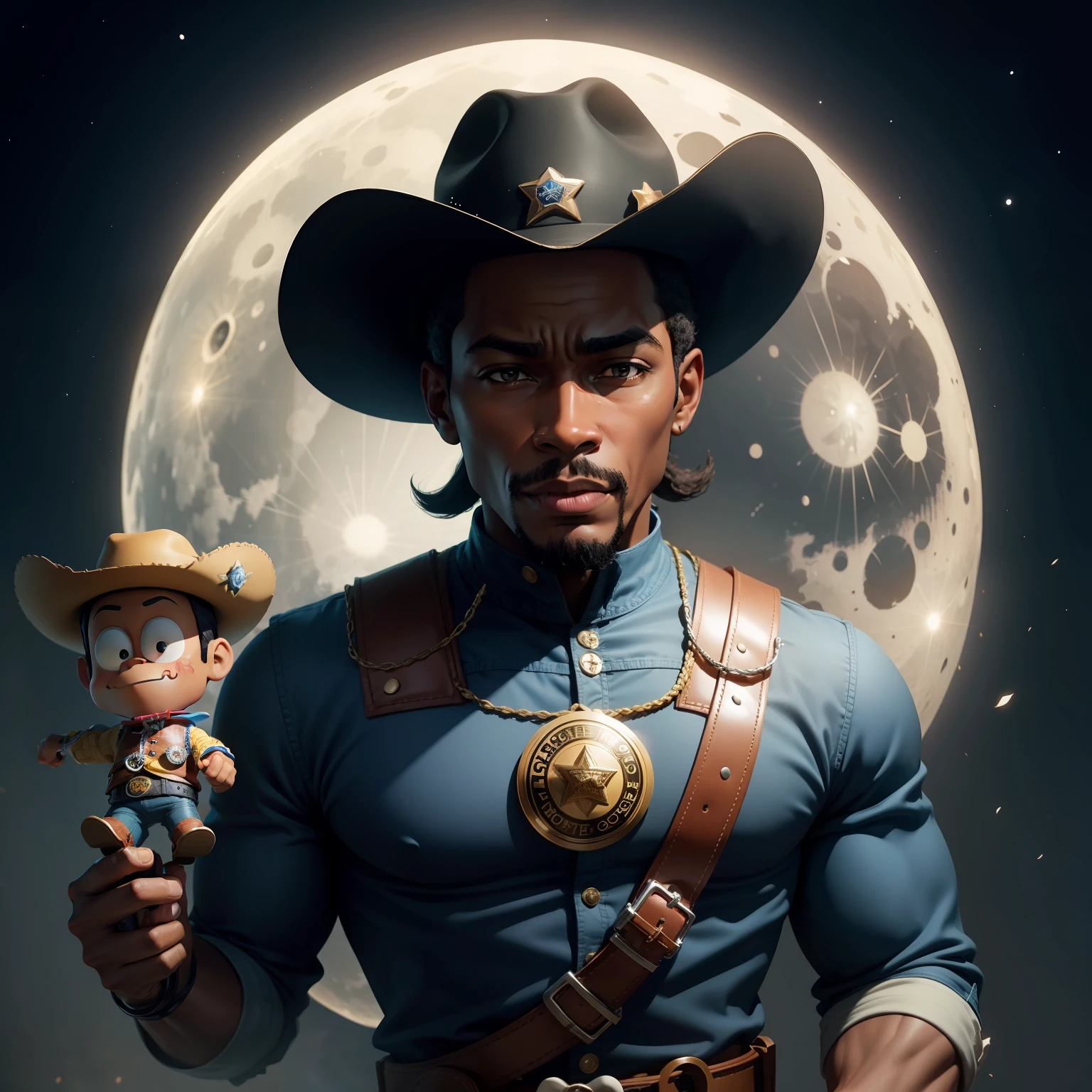 black man with sheriff toy woody, moon