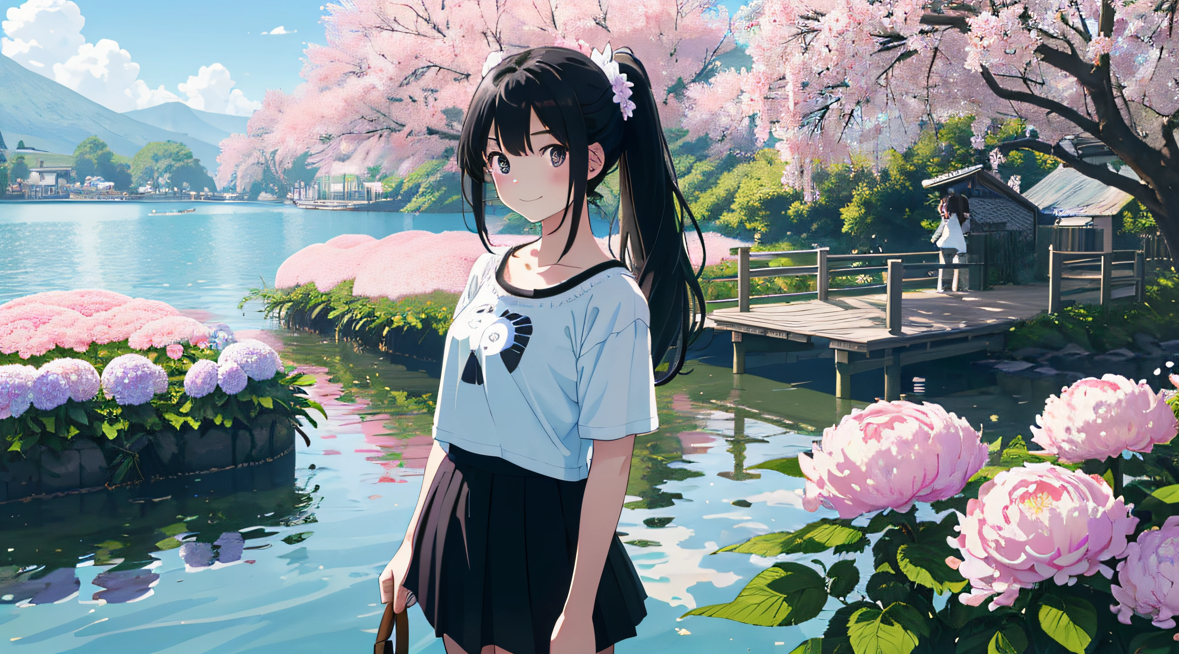 In a blue sky,There are seven rainbows of flowers in the summer daytime,and the sun was shining brightly,There is soft natural light, dingdall effect,An intimate portrait of a young girl about eighteen ,The girl's appearance is thick eyebrows,There are big watery eyes,The girl has long black hair,Wear crossed bangs,front ponytail,The head is adorned with rabbit ears,She blushed,Standing on a wooden dock wearing a pale green T-shirt,Next to the girl there is also a cute black and white border collie,A wooden pier juts out onto the tranquil lake,The girl gently closed her mouth and looked at the viewer with a smile,A hand beckons to the viewer,A happy smile on his face。The sun casts a warm glow on the scene,Illuminates the ripples in the water,Cast a soft shadow on the girl's face。Behind her,A sea of purple and red flowers stretches into the distance,There are peony flowers,Rosa flowers,hydrangeas,The wide variety of flowers contrasts with the pale blue sky above。Despite the tranquility of the surroundings,But there was a clear sense of joy in the girl。