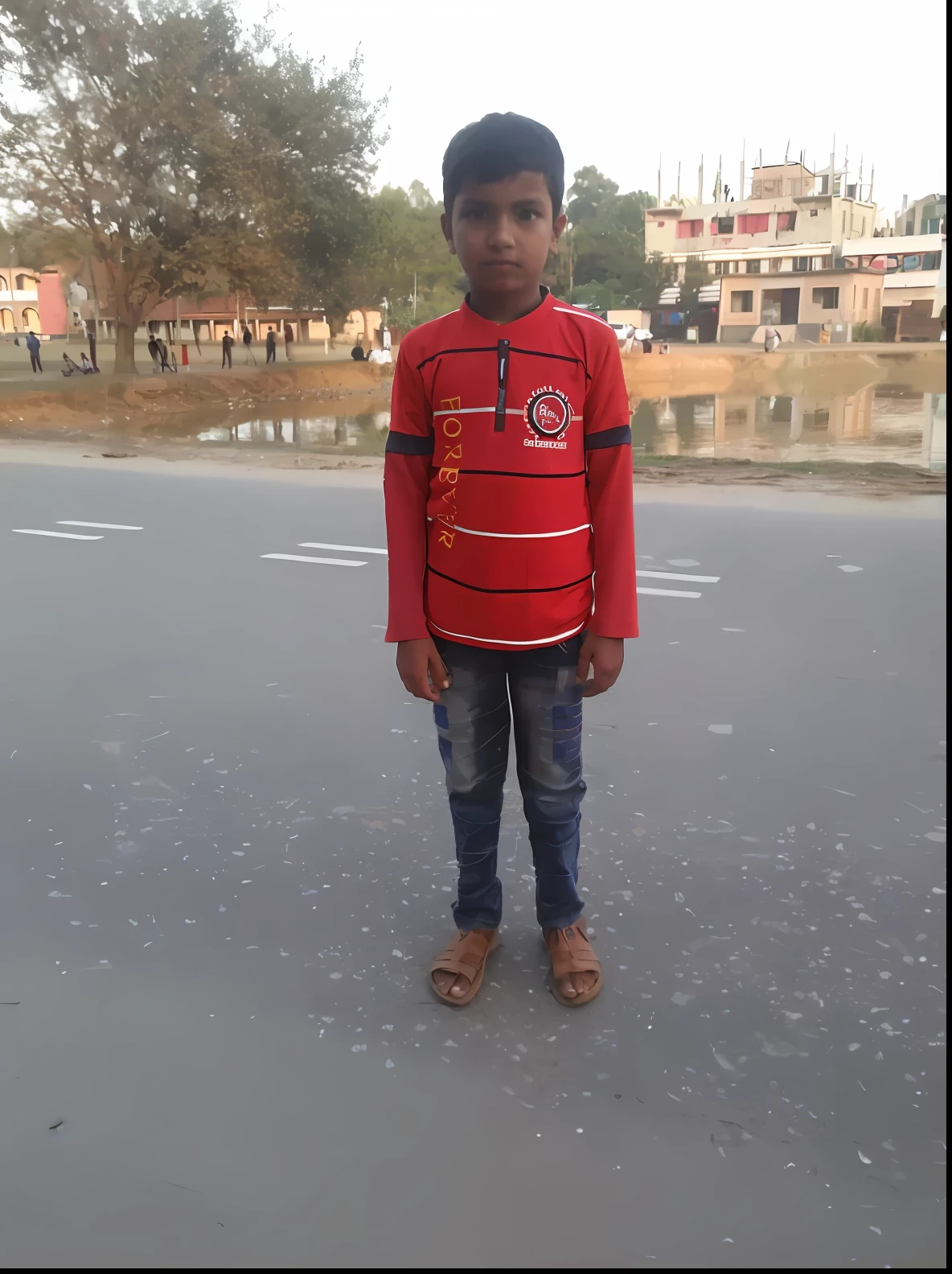 there is a young boy standing on the street in a red shirt, standing in road, standing in township street, very clear picture, full body picture, very very low quality picture, standing in street, reyyan, in city street, without helmet, river in front of him, standing in a township street, riyahd cassiem, vastayan, ayan nag