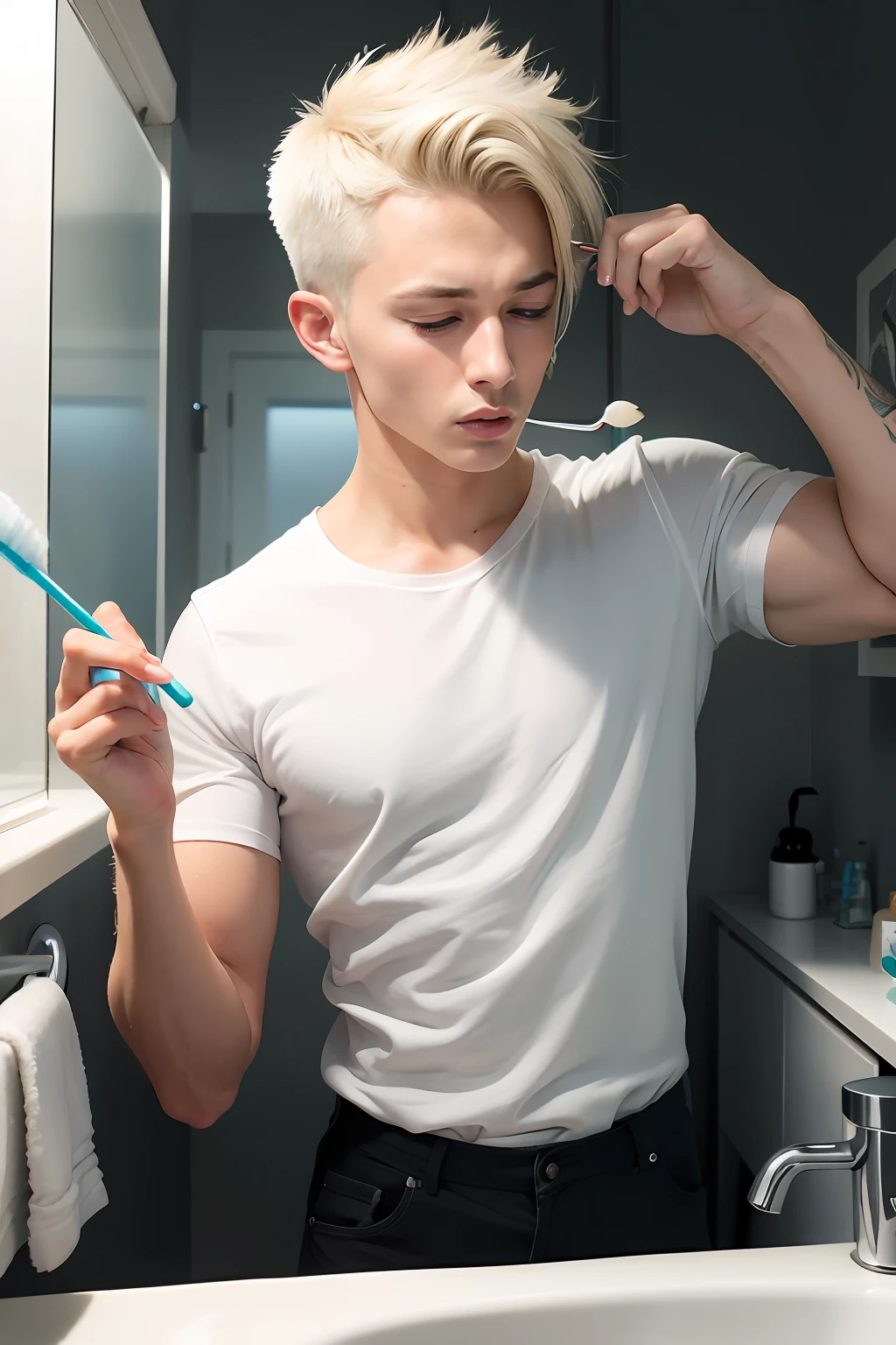 The Arafeld man brushes his teeth in the bathroom while brushing his teeth, clean shaven, hyperrealistic aesthetic, androgynous male, clean shaved, Smooth pale skin, clean shaven!, Extremely handsome, an epic non - binary model, clean shaven wide face