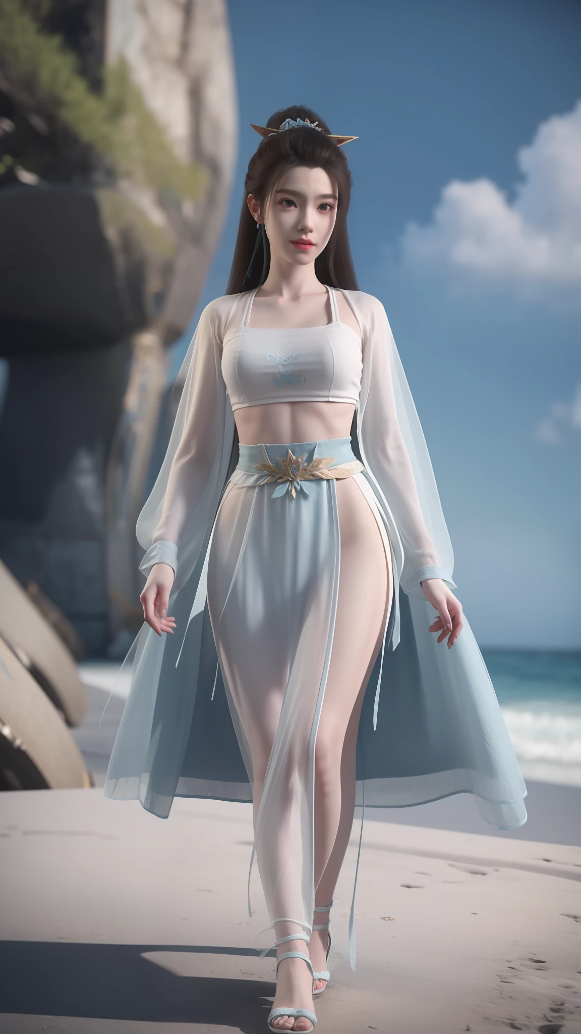 Arad woman in blue dress and white shirt walking on the beach, photorealistic anime girl rendering, render of a cute 3d anime girl, 3 D rendering character art 8 K, realistic fantasy rendering, Costume with blue accents, wearing fantasy clothing, fantasyoutfit, fantasy style clothing, hyper-detailed fantasy character, stuning fantasy 3 d render