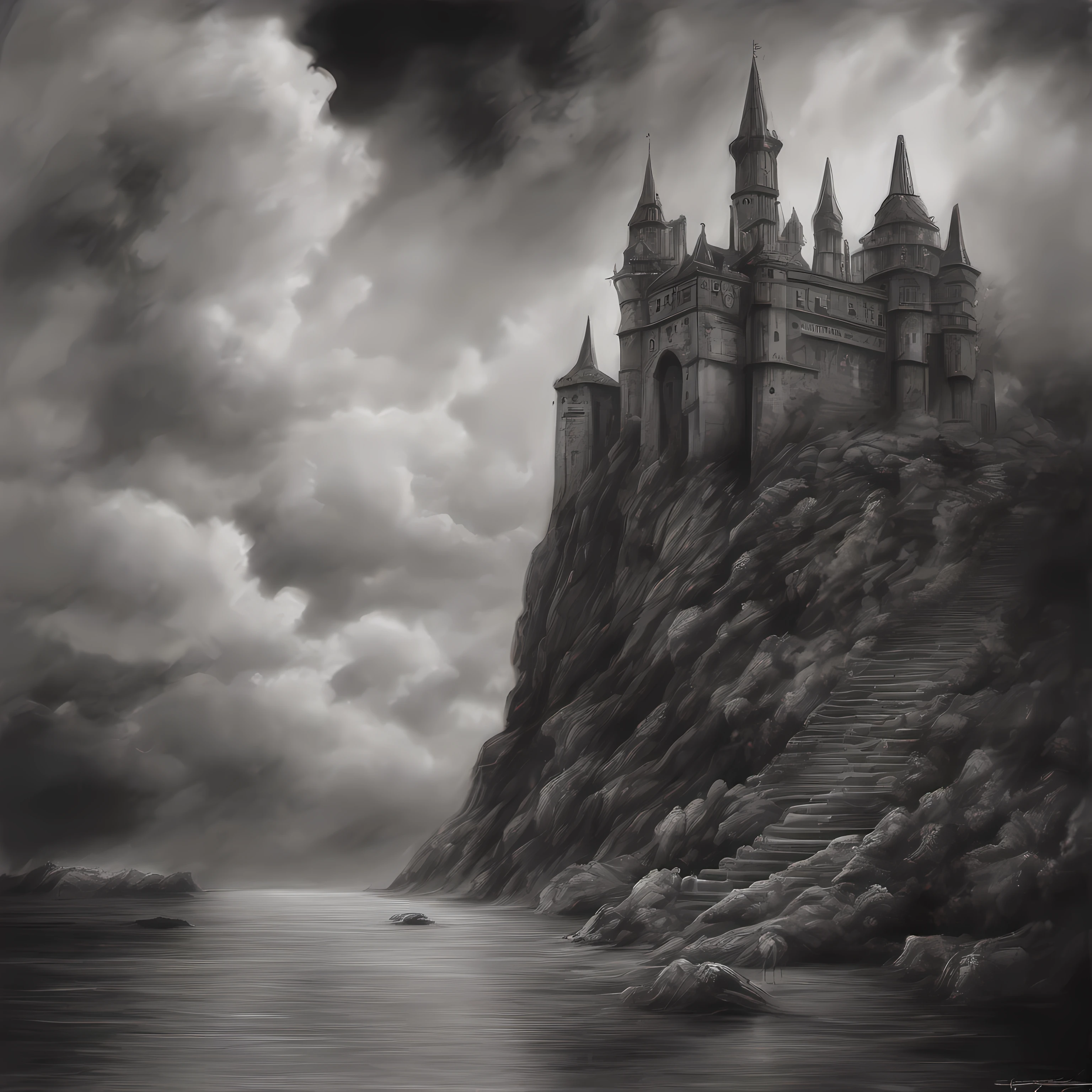 Pintura de um castelo mal-assombrado, flutuando em espessas nuvens, Monochromatic painting, charcoal painting, hachuras, sombreamento perfeito, balanceada, obra perfeita, capa de revista de terror, arte de Clemilton Barbosa, detalhes intrincados, highes definition