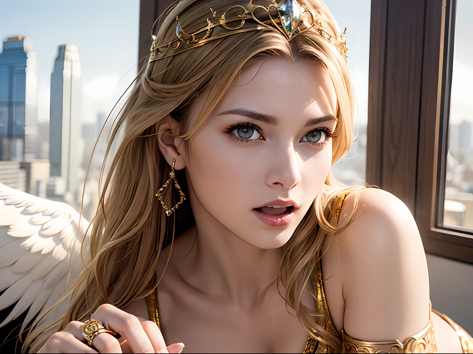 Ultra-detailed complex 3D rendering of the face, (Colossal: 8.8), (masterpiece, top quality, octane rendering, 8K), glamour shot full body image, cleavage, (highly detailed skin: 1.2), (exposure: 1.1), (blonde), (wearing a plummet tank top of gold silk: 1.5)), blonde hair, beautiful Caucasian woman with full soft breasts and white skin, one with big ass, long braided hair, big breasts, dynamic angle, mystical expression, ultra-realistic photography, (((((portrait))), bare feet, futuristic city background, facial muscles, detailed and beautiful queen tiara, in the style of Marvel Comics, clear focus, studio photography, intricate details, highly detailed, detailed yellow eyes, sharp focus, digital rendering, professional, abs, ((((sexy pose))), natural jungle, open mouth lightly, mansle, open crotch, seductive look, angel ring, detailed angel wings, angel ring, detailed mouth inside,