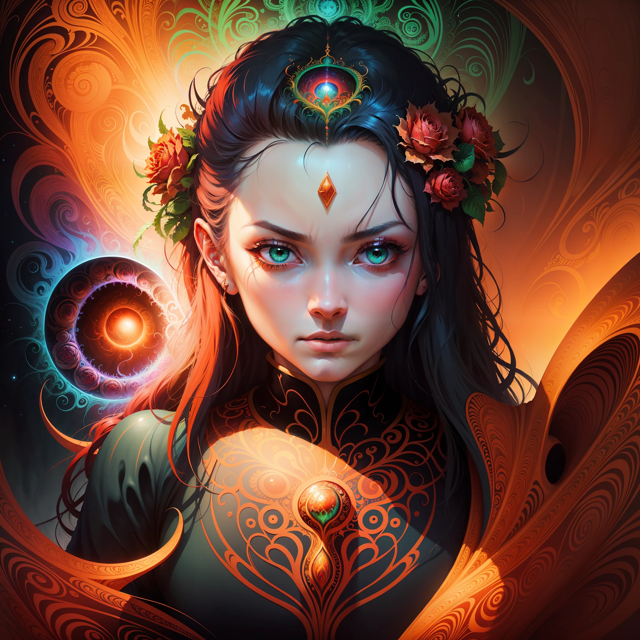 painting of a woman with a dragon and a rose in her hair, beautiful face, red black blue hair, green eyes, beksiński and james jean, alex grey and beksinski, psychedelic cosmic horror, alex grey and tim hildebrandt, james jean artwork, psychedelic painting, psychedelic illustration, beksinski and alex gray, style of alex grey, dan mumford and alex grey style, psychedelic dmt