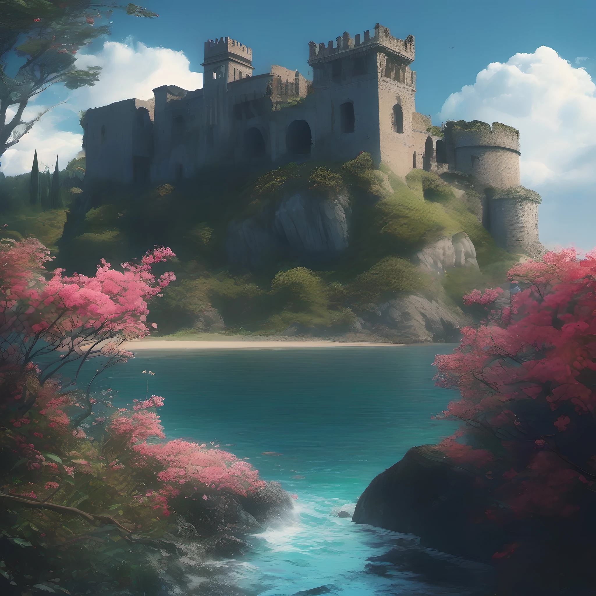 Next to a pumice island in Baiae Bay,
And he saw in the dream ancient palaces and towers
Trembling on the most intense day of the wave,
Todo cubierto de musgo azul y flores, estilo de Paul Barson