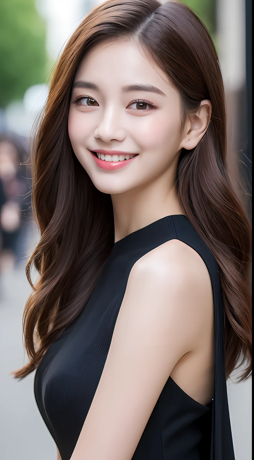 ((Best quality, 8k, Masterpiece :1.3)), 1girl, smiling, full body, slim face, Pretty woman, (Dark brown hair), full length dress :1.1, Ultra-detailed face, Detailed eyes, Double eyelid, blur background, slim face, city, outside, street,